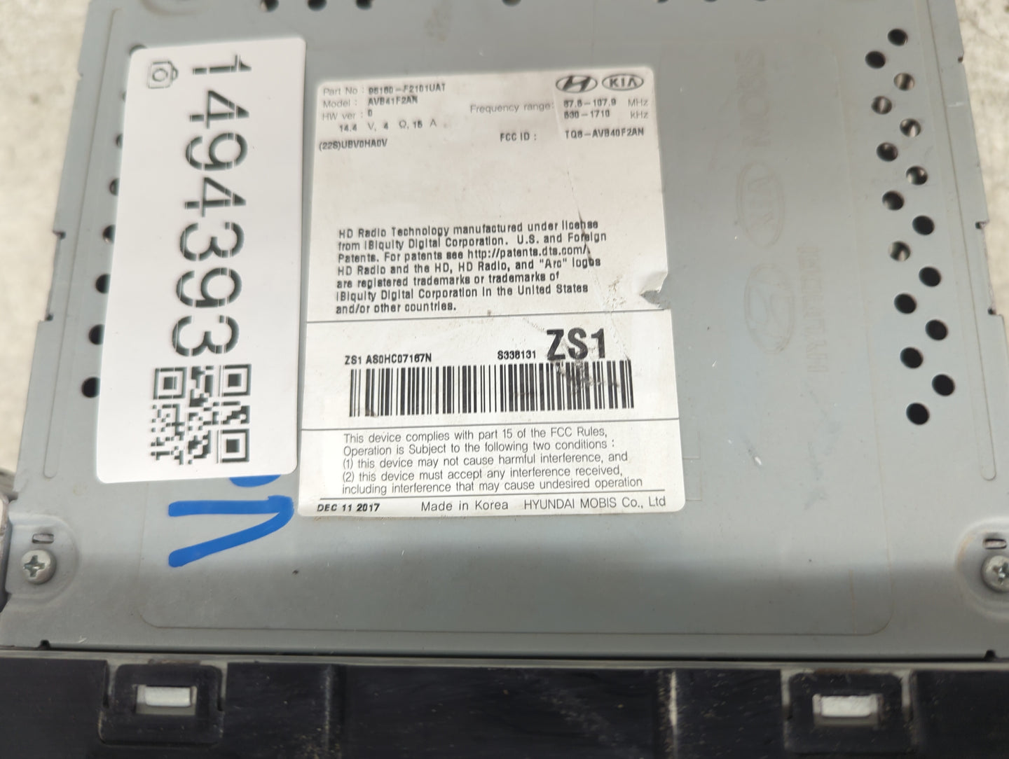 2017-2018 Hyundai Elantra Radio AM FM Cd Player Receiver Replacement P/N:96160-F2101UAT AVB41F2AN Fits Fits 2017 2018 OEM Us