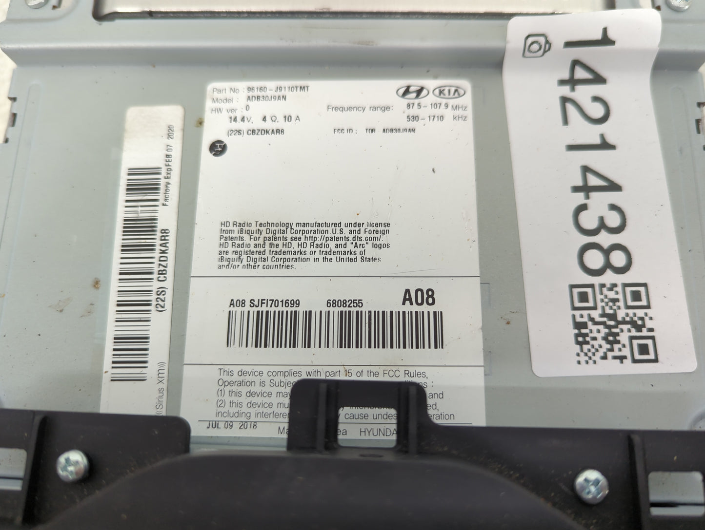 2018-2021 Hyundai Kona Radio AM FM Cd Player Receiver Replacement P/N:96160-J9110TMT Fits Fits 2018 2019 2020 2021 OEM Used 