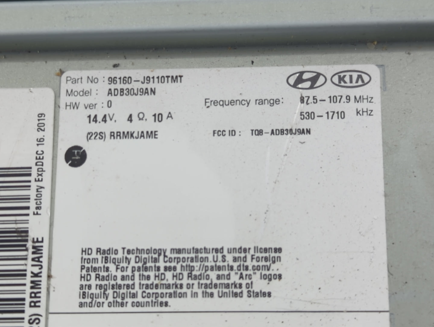2018 Hyundai Kona Radio AM FM Cd Player Receiver Replacement P/N:96160-J9110TMT ADB30J9AN, TQ8-ADB30J9AN Fits OEM Used Auto 