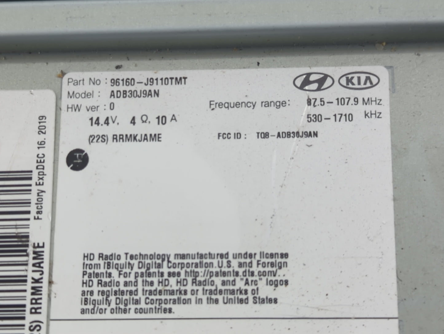 2018 Hyundai Kona Radio AM FM Cd Player Receiver Replacement P/N:96160-J9110TMT ADB30J9AN, TQ8-ADB30J9AN Fits OEM Used Auto 
