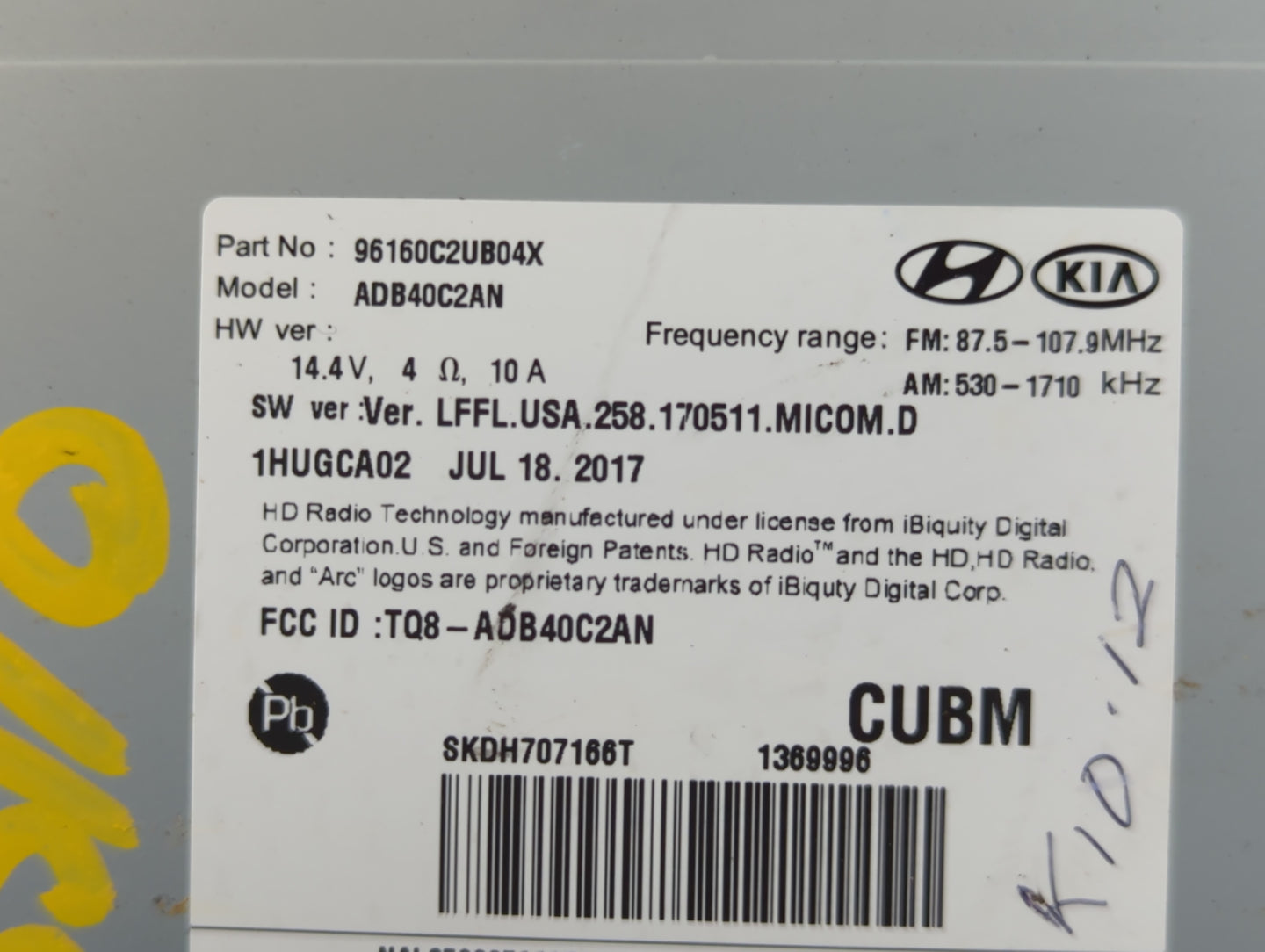 2018-2019 Hyundai Sonata Radio AM FM Cd Player Receiver Replacement P/N:96160C2UB04X Fits Fits 2018 2019 OEM Used Auto Parts