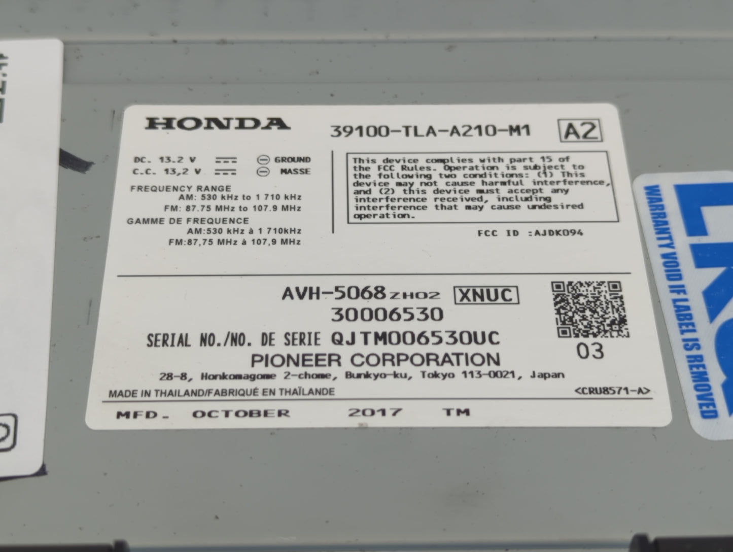 2018-2019 Hyundai Sonata Radio AM FM Cd Player Receiver Replacement P/N:39100-TLA-A210-M1 Fits Fits 2018 2019 OEM Used Auto 