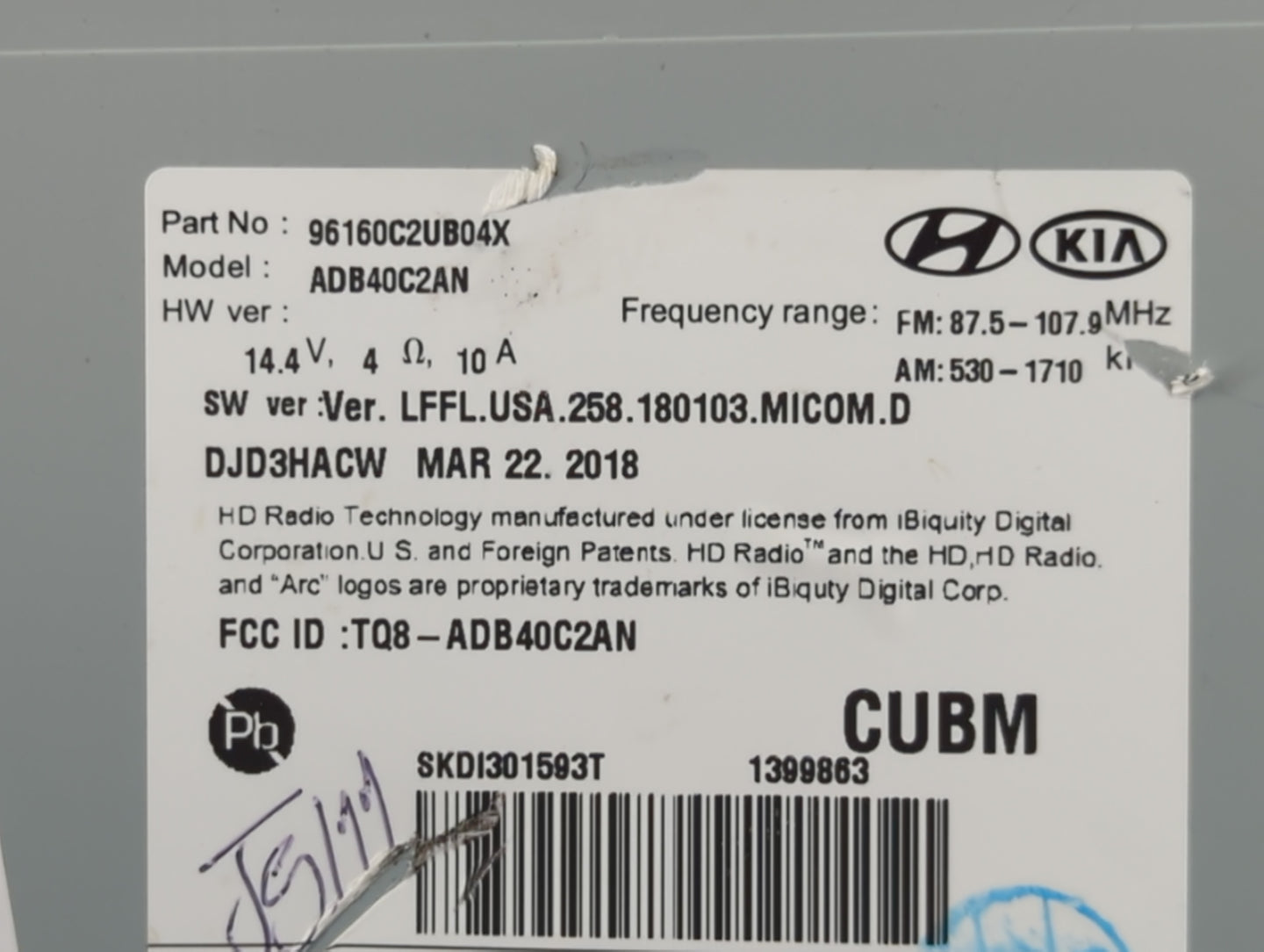 2018-2019 Hyundai Sonata Radio AM FM Cd Player Receiver Replacement P/N:96160C2UB04X Fits Fits 2018 2019 OEM Used Auto Parts