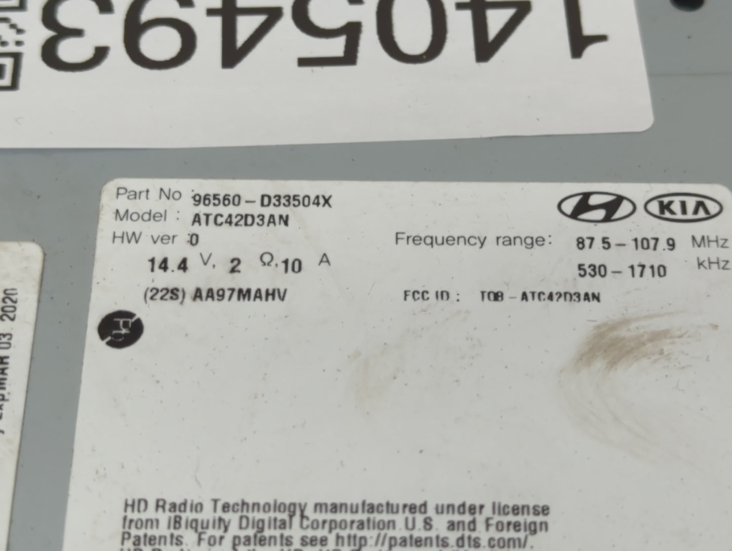 2018 Hyundai Tucson Radio AM FM Cd Player Receiver Replacement P/N:96560-D33504X Fits OEM Used Auto Parts - Oemusedautoparts