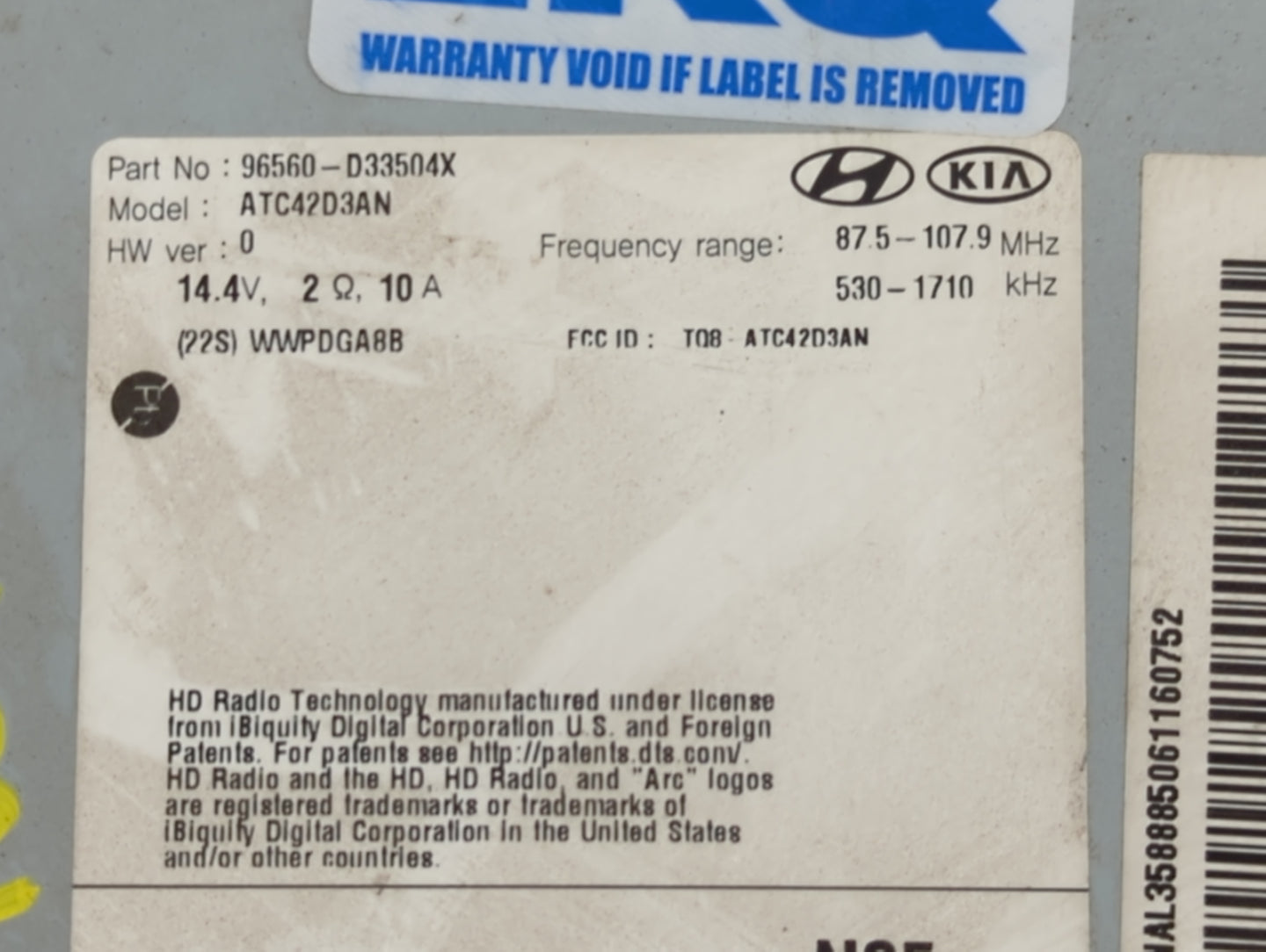 2018 Hyundai Tucson Radio AM FM Cd Player Receiver Replacement P/N:96560-D33504X ATC42D3AN, TQ8-ATC42D3AN Fits OEM Used Auto