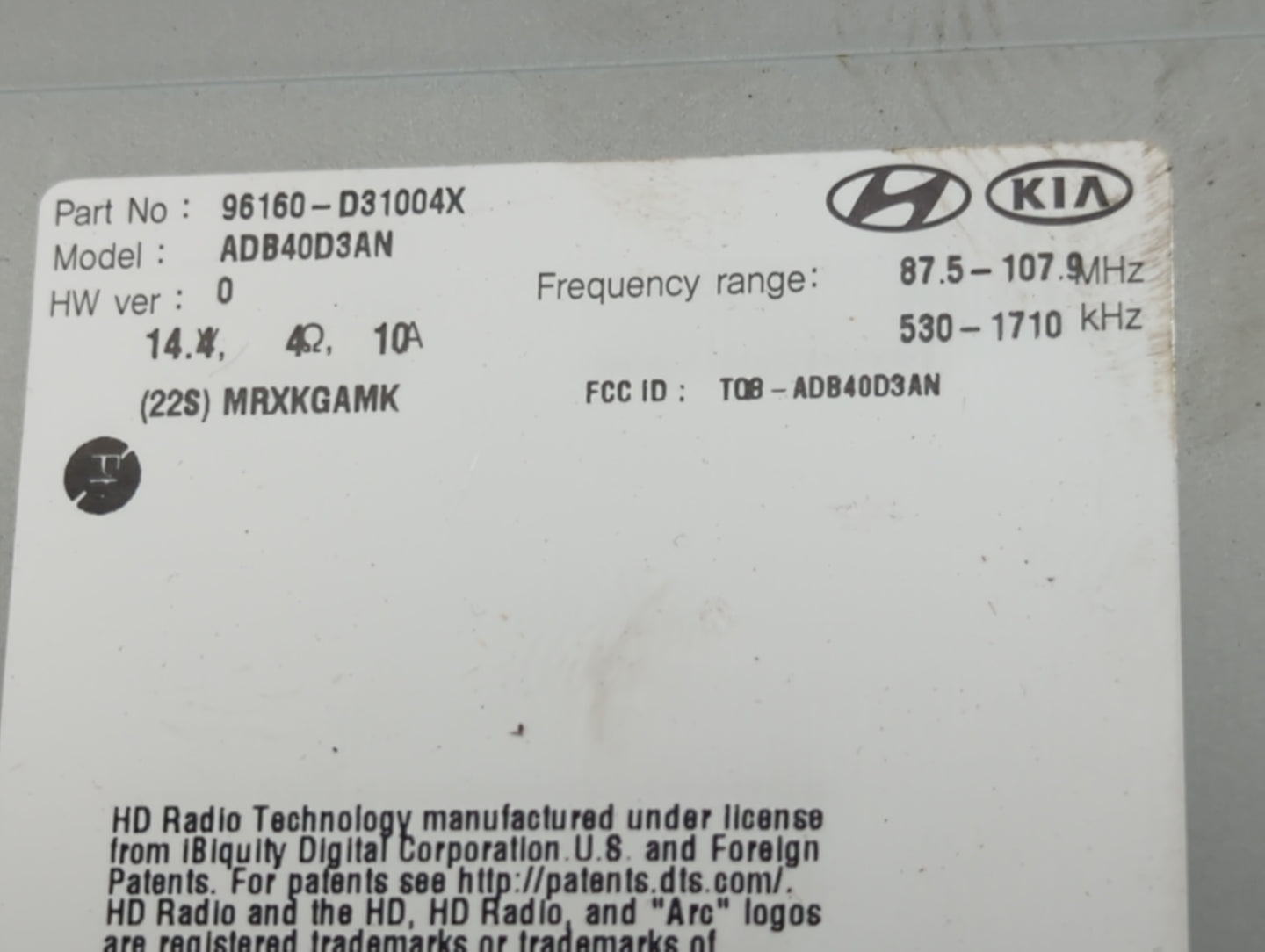 2018 Hyundai Tucson Radio AM FM Cd Player Receiver Replacement P/N:96160-D31004X Fits OEM Used Auto Parts - Oemusedautoparts