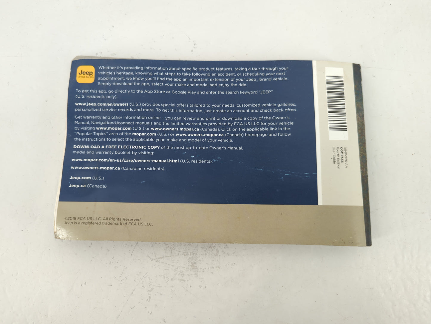 2018 Jeep Compass Owners Manual Book Guide P/N:18MP-926-AA OEM Used Auto Parts - Oemusedautoparts1.com