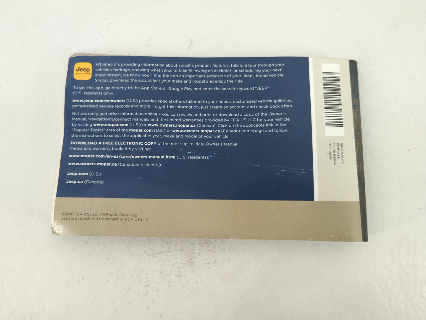 2018 Jeep Compass Owners Manual Book Guide P/N:18MP-926-AA OEM Used Auto Parts - Oemusedautoparts1.com