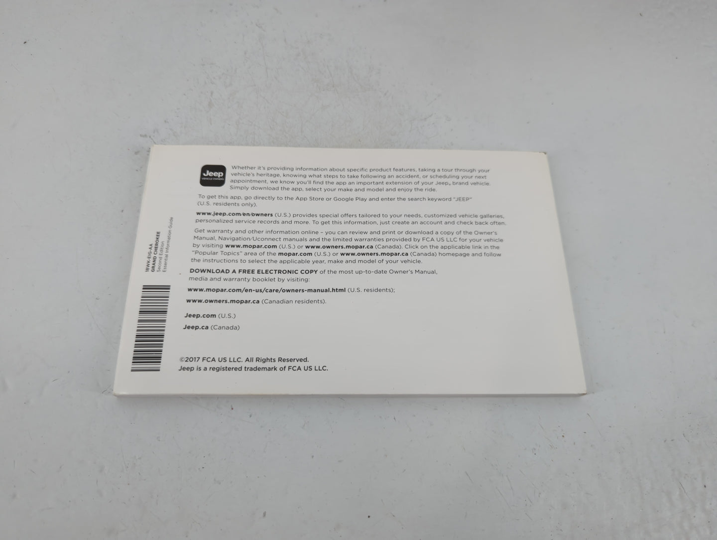 2018 Jeep Grand Cherokee Owners Manual Book Guide P/N:18WK-EIG-AA OEM Used Auto Parts - Oemusedautoparts1.com