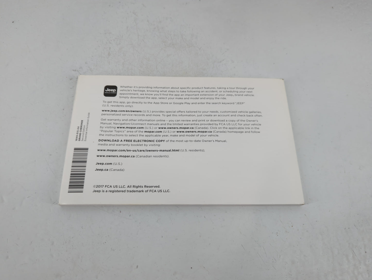 2018 Jeep Grand Cherokee Owners Manual Book Guide P/N:18WK-EIG-AA OEM Used Auto Parts - Oemusedautoparts1.com