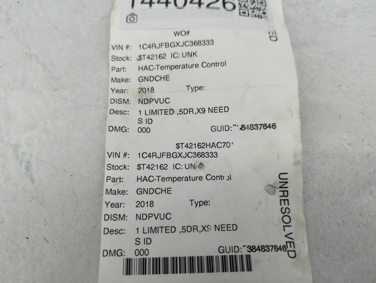 2018 Jeep Grand Cherokee Climate Control Module Temperature AC/Heater Replacement Fits OEM Used Auto Parts - Oemusedautopart