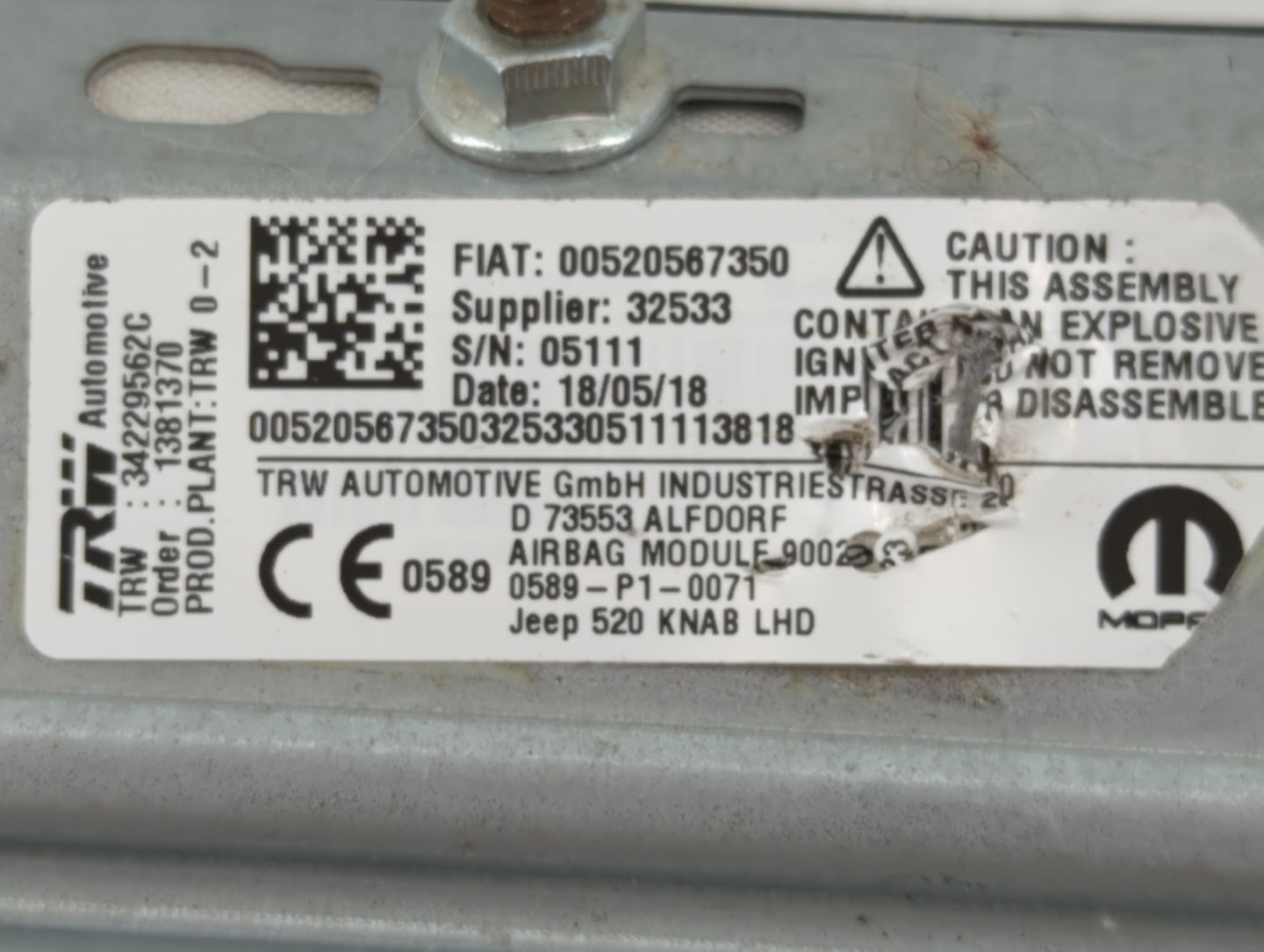 2015-2022 Jeep Renegade Air Bag Driver Left Knee OEM P/N:00520587350 Fits Fits 2015 2016 2017 2018 2019 2020 2021 2022 OEM U
