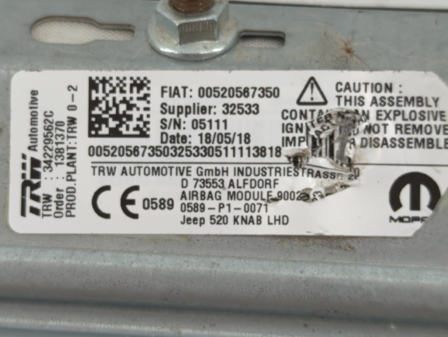 2015-2022 Jeep Renegade Air Bag Driver Left Knee OEM P/N:00520587350 Fits Fits 2015 2016 2017 2018 2019 2020 2021 2022 OEM U