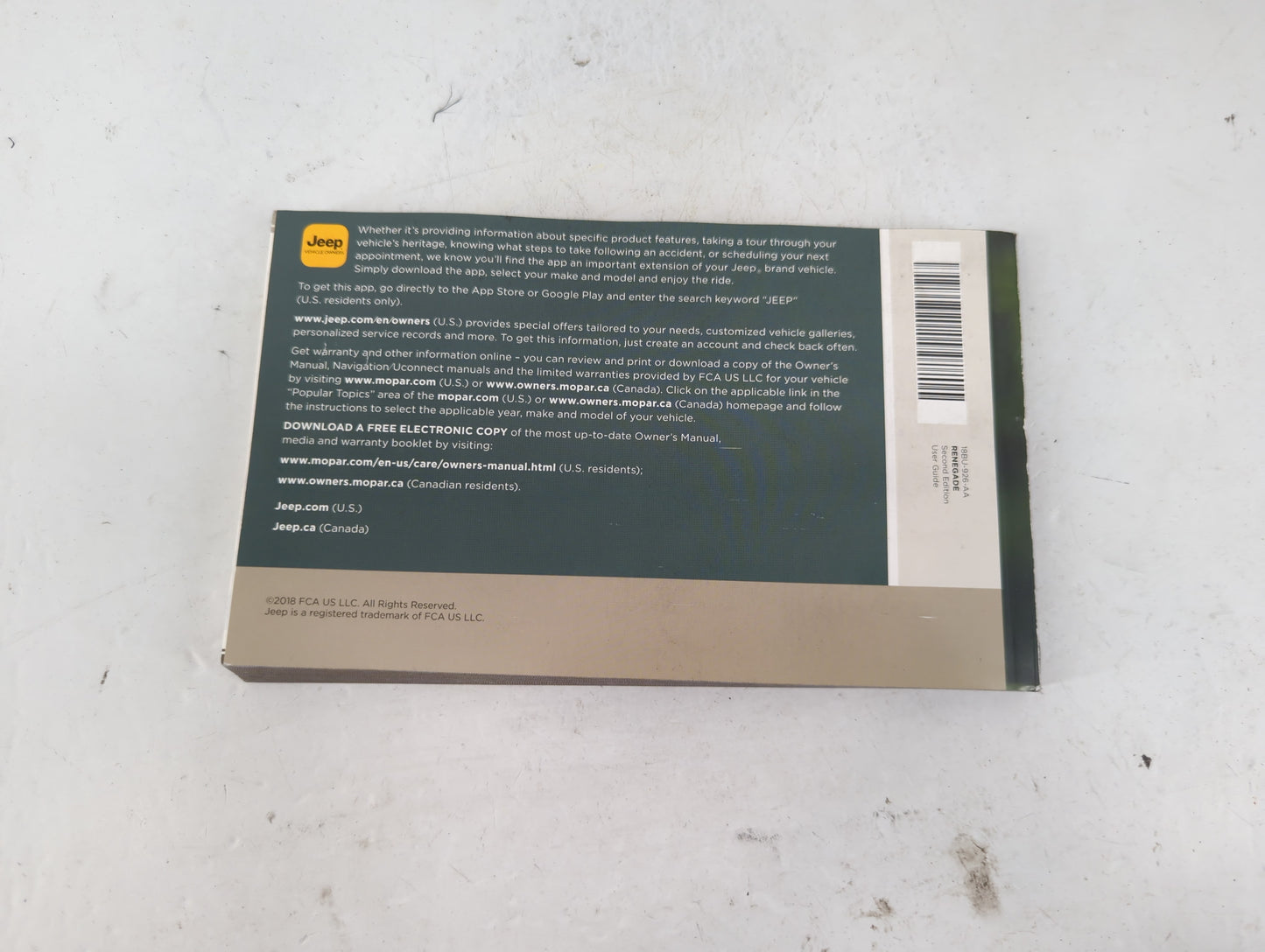 2018 Jeep Renegade Owners Manual Book Guide P/N:18BU-926-AA OEM Used Auto Parts - Oemusedautoparts1.com