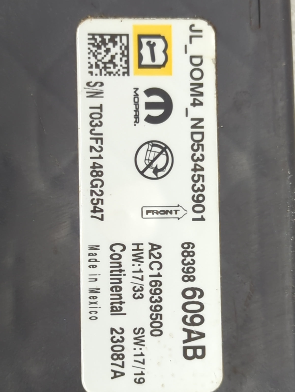 2018-2019 Jeep Wrangler Safety Restraint Srs Airbag Control Module - Oemusedautoparts1.com