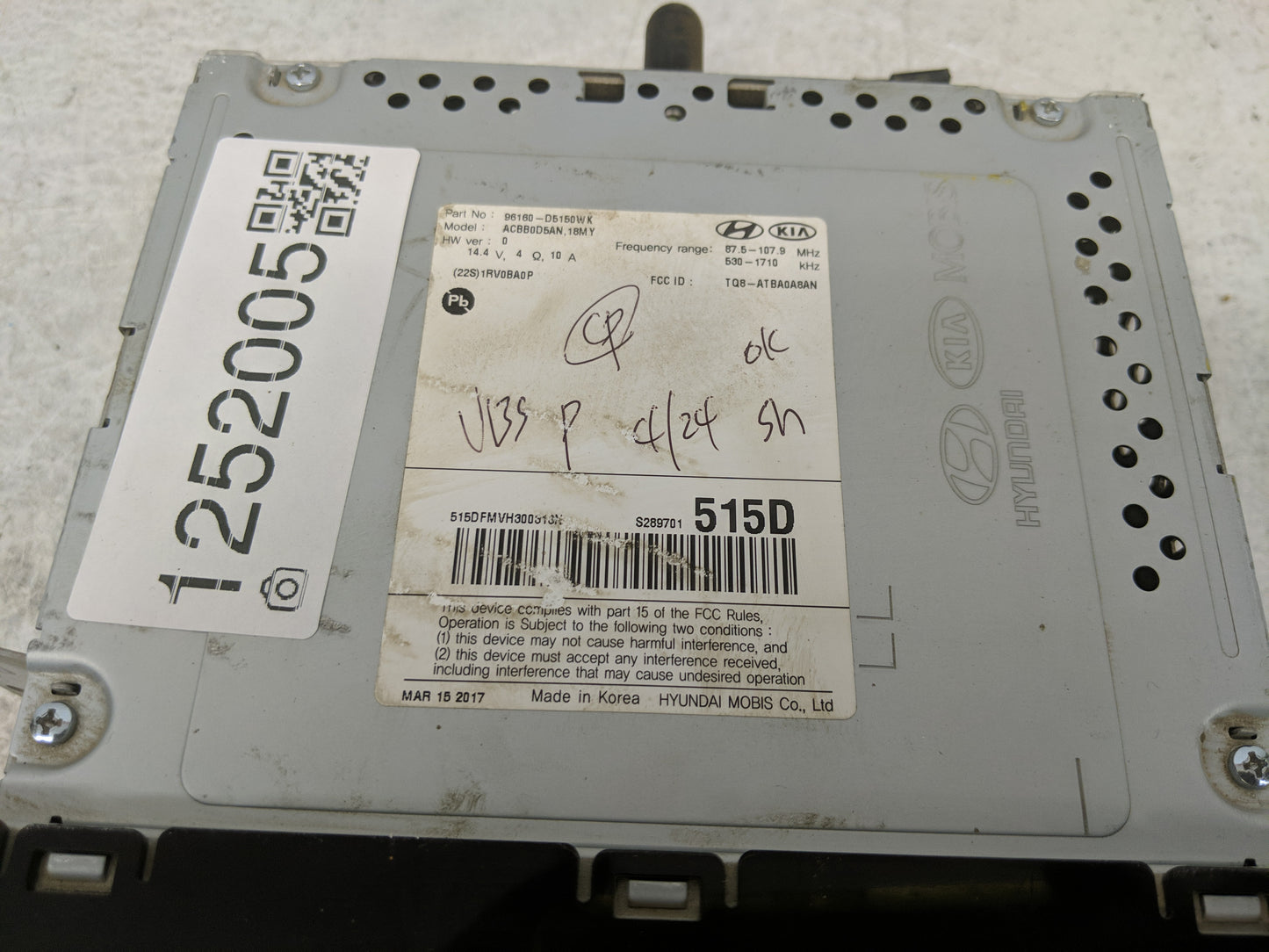 2017-2018 Kia Optima Radio AM FM Cd Player Receiver Replacement P/N:96160-D5150WK Fits Fits 2017 2018 OEM Used Auto Parts - 