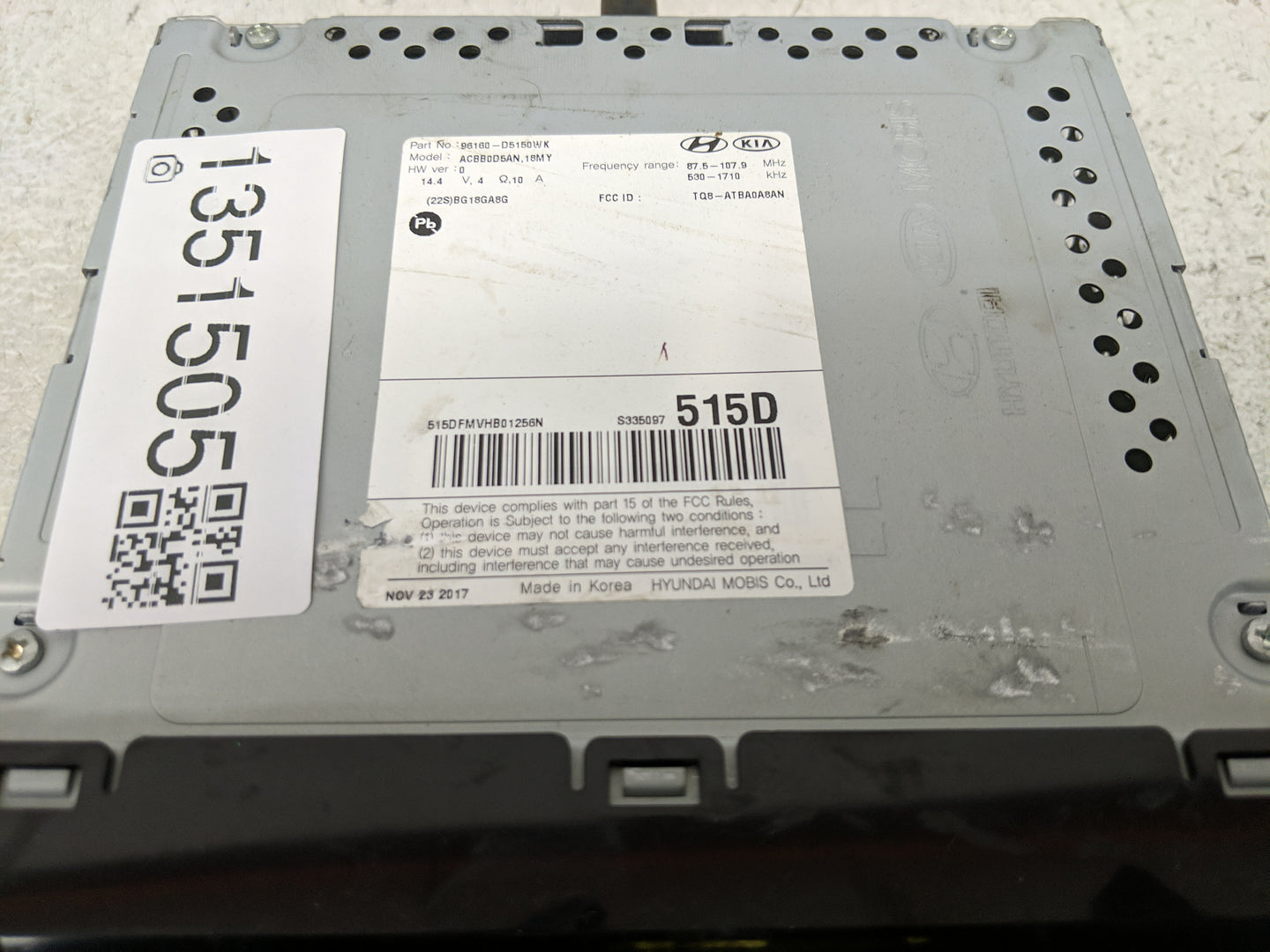 2017-2018 Kia Optima Radio AM FM Cd Player Receiver Replacement P/N:96160-D5150WK Fits Fits 2017 2018 OEM Used Auto Parts - 