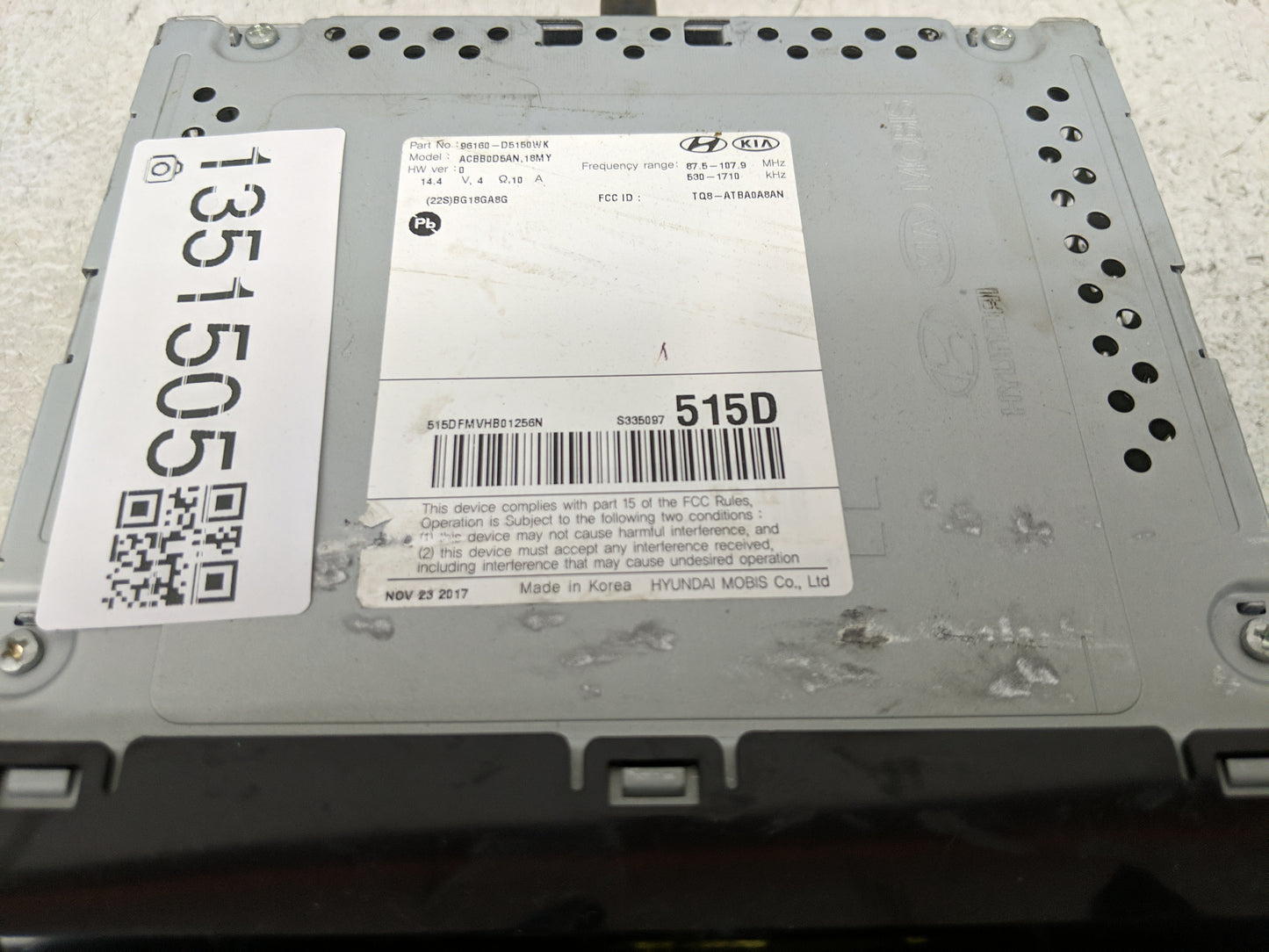2017-2018 Kia Optima Radio AM FM Cd Player Receiver Replacement P/N:96160-D5150WK Fits Fits 2017 2018 OEM Used Auto Parts - 