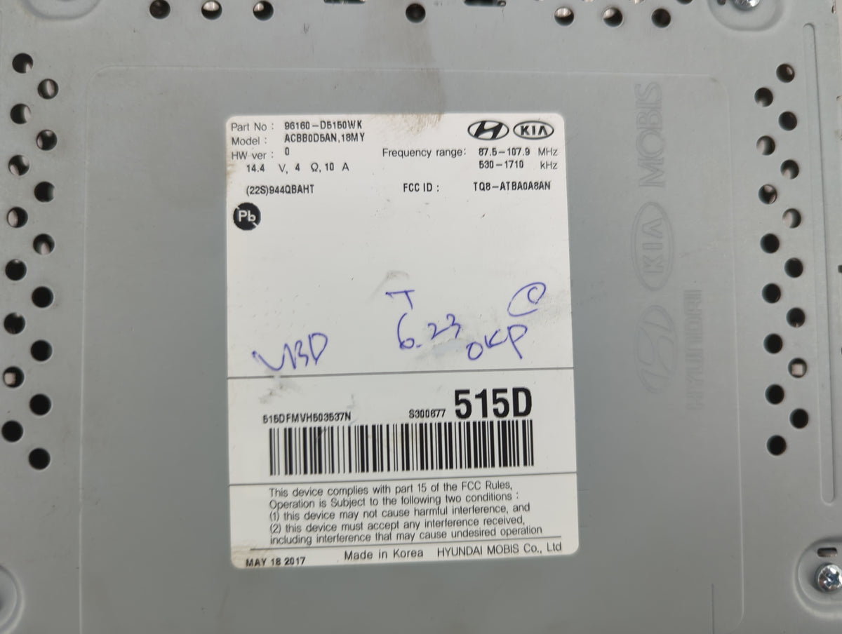 2017-2018 Kia Optima Radio AM FM Cd Player Receiver Replacement P/N:96160-D5150WK Fits 2017 2018 OEM Used Auto Parts - Oemus