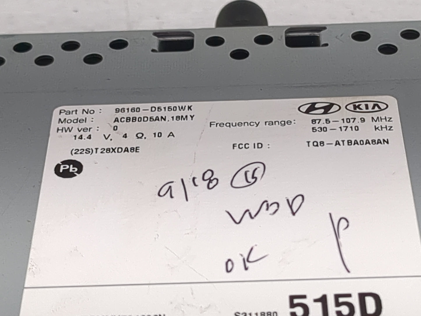 2017-2018 Kia Optima Radio AM FM Cd Player Receiver Replacement P/N:96160-D5150WK ACBB0D5AN,18MY Fits Fits 2017 2018 OEM Use