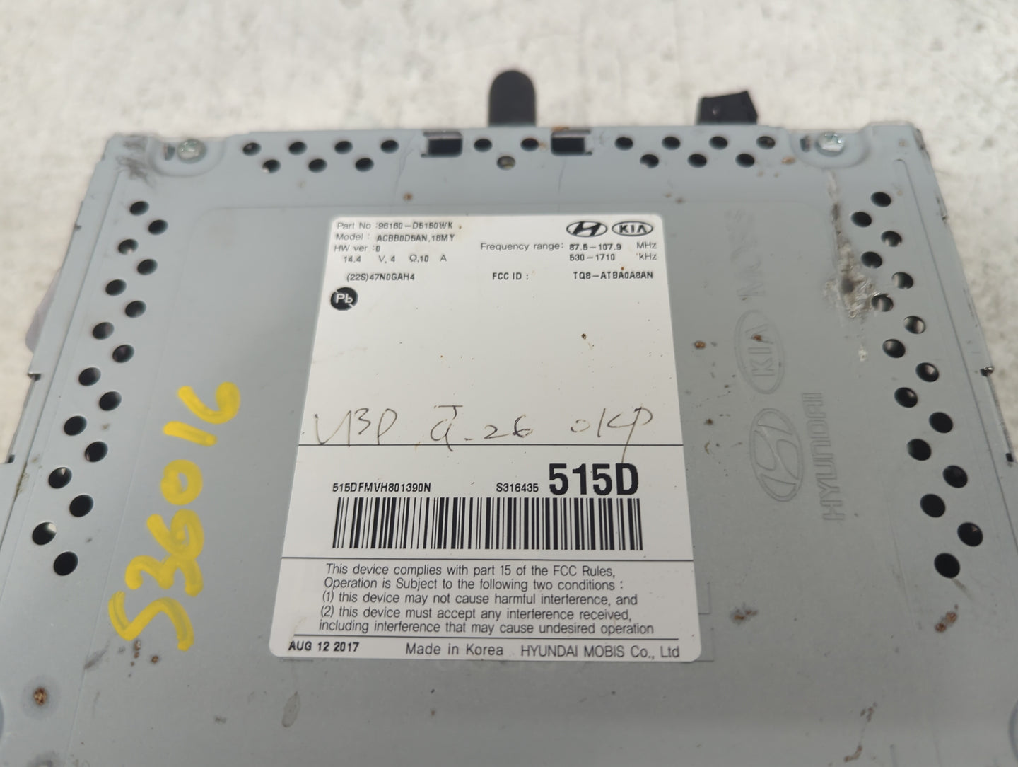 2017-2018 Kia Optima Radio AM FM Cd Player Receiver Replacement P/N:96160-D5160WK ACBB0D8AN,18MY Fits Fits 2017 2018 OEM Use