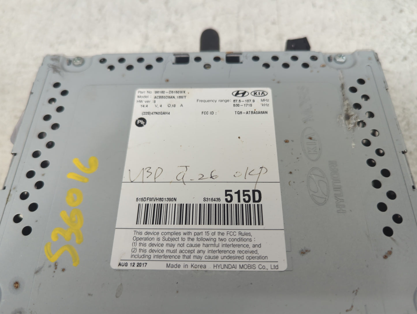 2017-2018 Kia Optima Radio AM FM Cd Player Receiver Replacement P/N:96160-D5160WK ACBB0D8AN,18MY Fits Fits 2017 2018 OEM Use