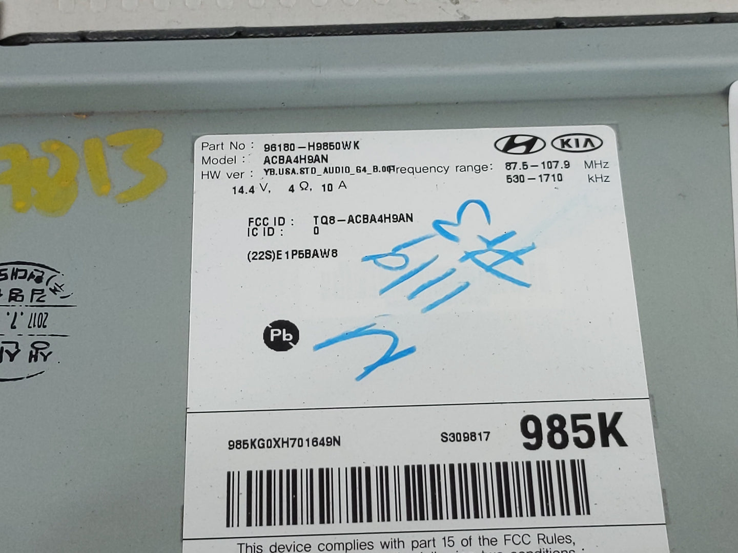 2018-2019 Kia Rio Radio AM FM Cd Player Receiver Replacement P/N:96180-H9850WK Fits Fits 2018 2019 OEM Used Auto Parts - Oem