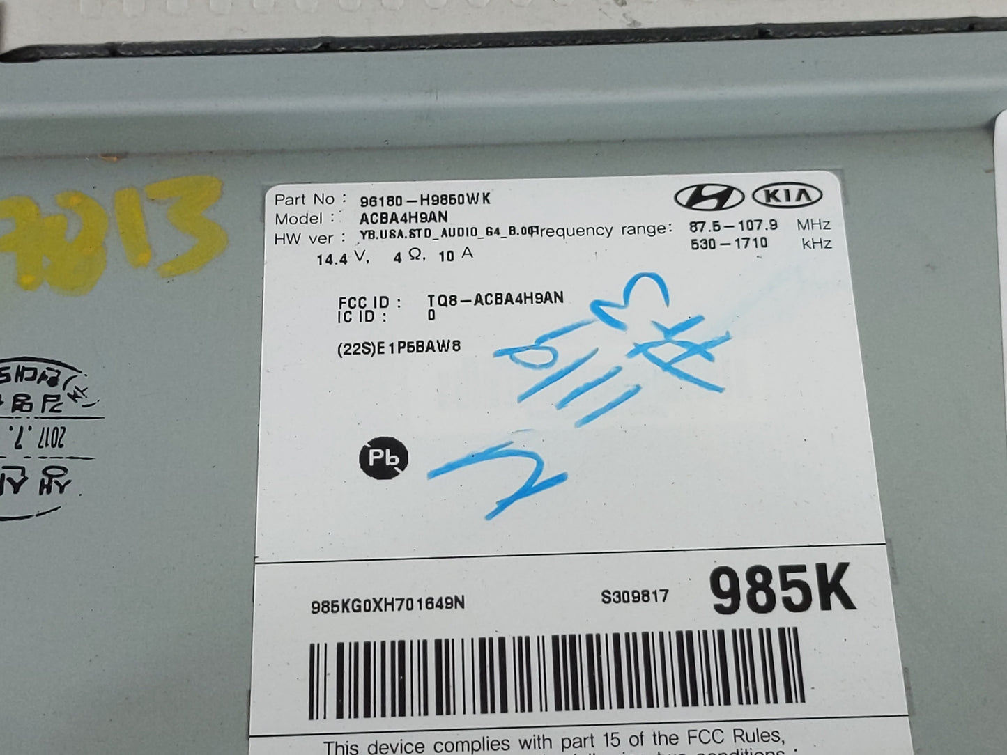 2018-2019 Kia Rio Radio AM FM Cd Player Receiver Replacement P/N:96180-H9850WK Fits Fits 2018 2019 OEM Used Auto Parts - Oem