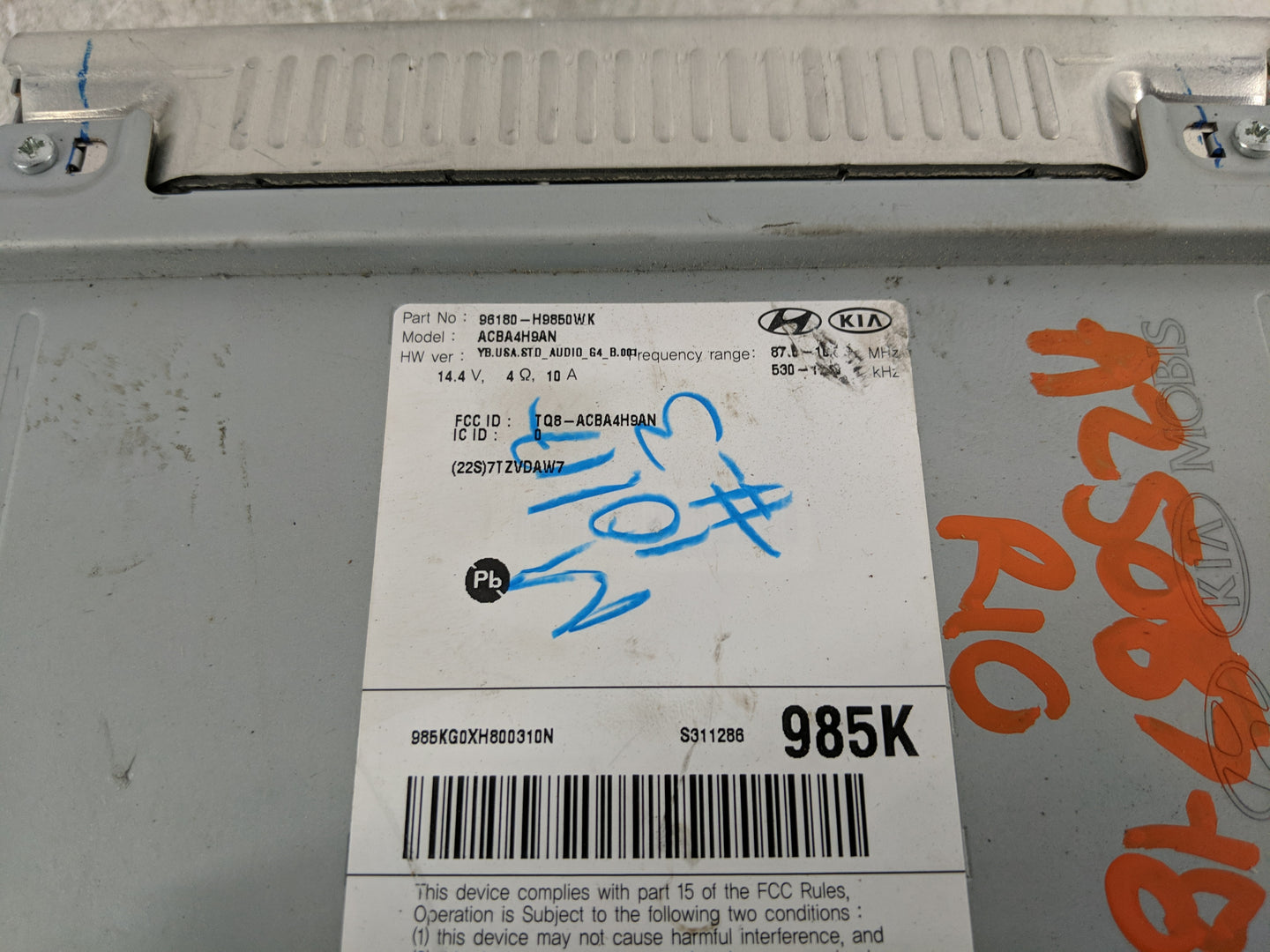 2018-2019 Kia Rio Radio AM FM Cd Player Receiver Replacement P/N:96180-H9850WK Fits Fits 2018 2019 OEM Used Auto Parts - Oem