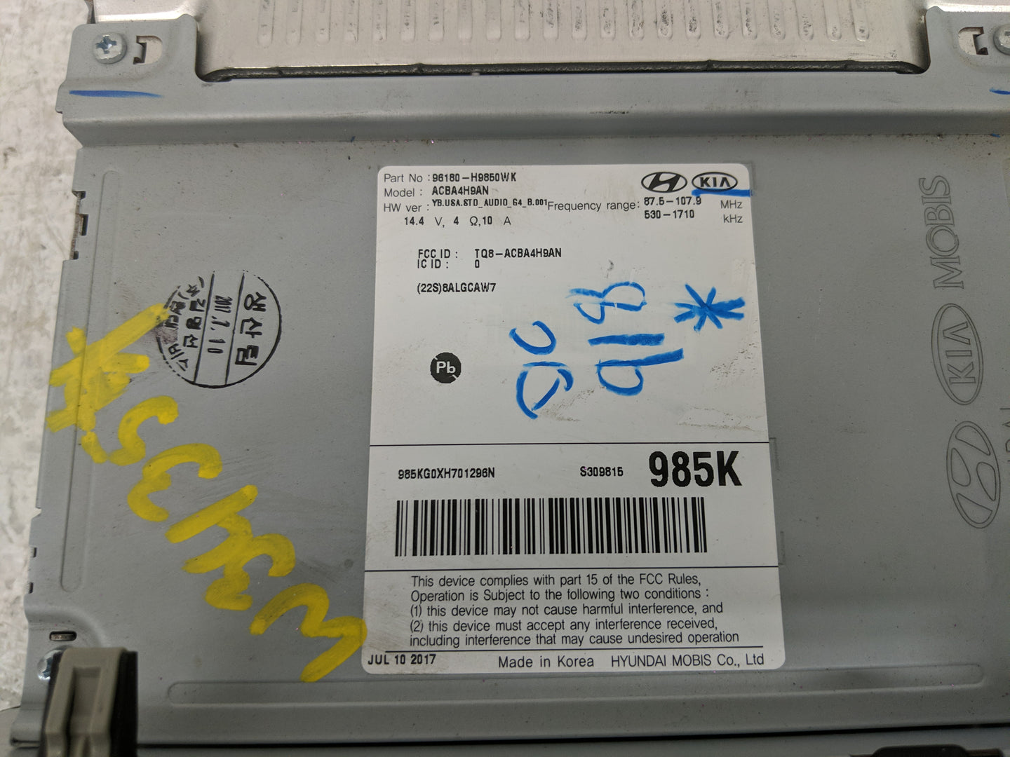 2018-2019 Kia Rio Radio AM FM Cd Player Receiver Replacement P/N:96180-H9850WK Fits Fits 2018 2019 OEM Used Auto Parts - Oem