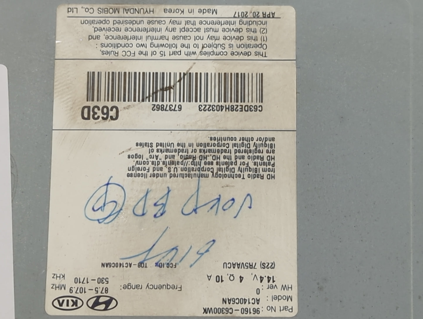 2016-2018 Kia Sorento Radio AM FM Cd Player Receiver Replacement P/N:96160-C6300WK AC140C6AN Fits Fits 2016 2017 2018 OEM Us