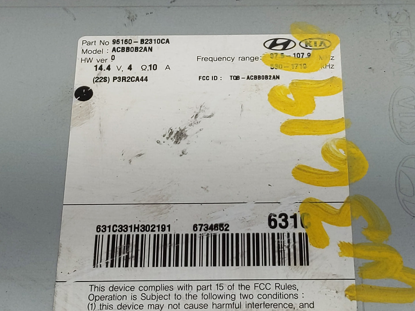 2017-2019 Kia Soul Radio AM FM Cd Player Receiver Replacement P/N:96160-B2310CA Fits Fits 2017 2018 2019 OEM Used Auto Parts