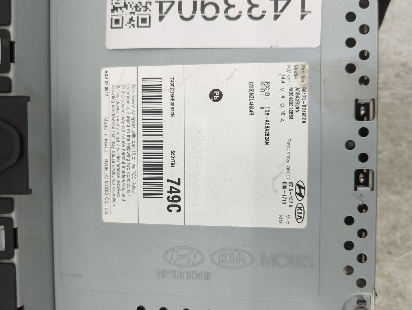 2017-2019 Kia Soul Radio AM FM Cd Player Receiver Replacement P/N:96170-B2480CA ACBA2B2AN, TQ8-ACBA2B2AN Fits Fits 2017 2018