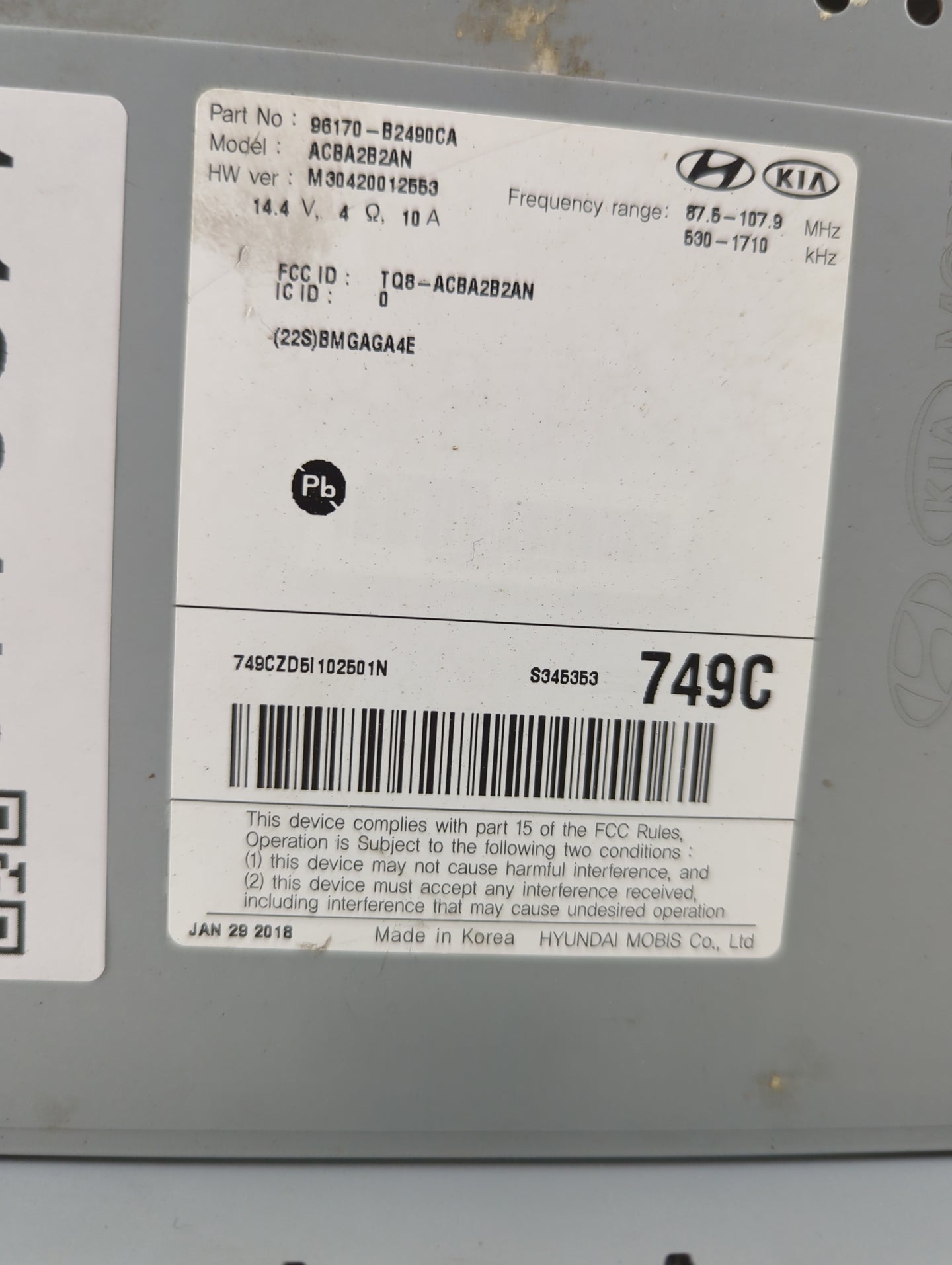 2017-2019 Kia Soul Radio AM FM Cd Player Receiver Replacement P/N:96170-B2490CA ACBA2B2AN, M30420012553 Fits Fits 2017 2018 