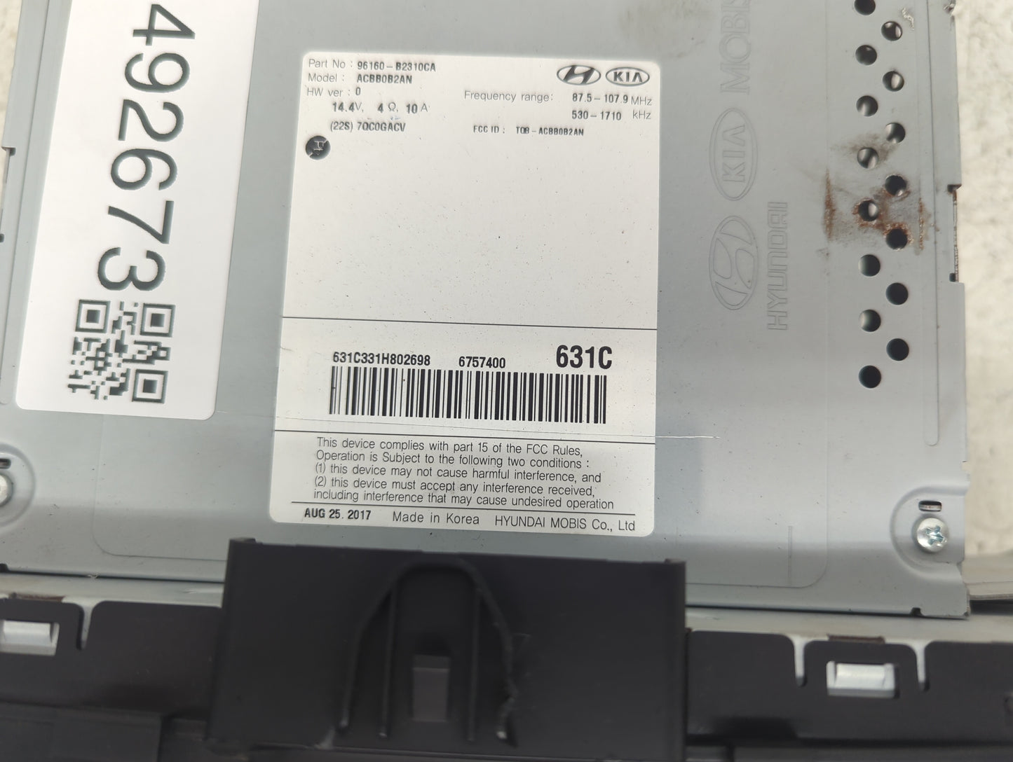 2018-2019 Kia Soul Radio AM FM Cd Player Receiver Replacement P/N:96160-B2310CA ACBB0B2AN, TQ8-ACBB0B2AN Fits Fits 2018 2019