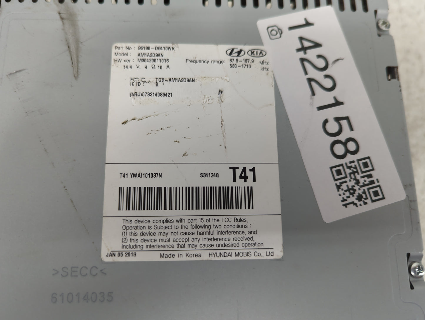 2017-2019 Kia Sportage Radio AM FM Cd Player Receiver Replacement P/N:96180-D9410WK Fits Fits 2017 2018 2019 OEM Used Auto P