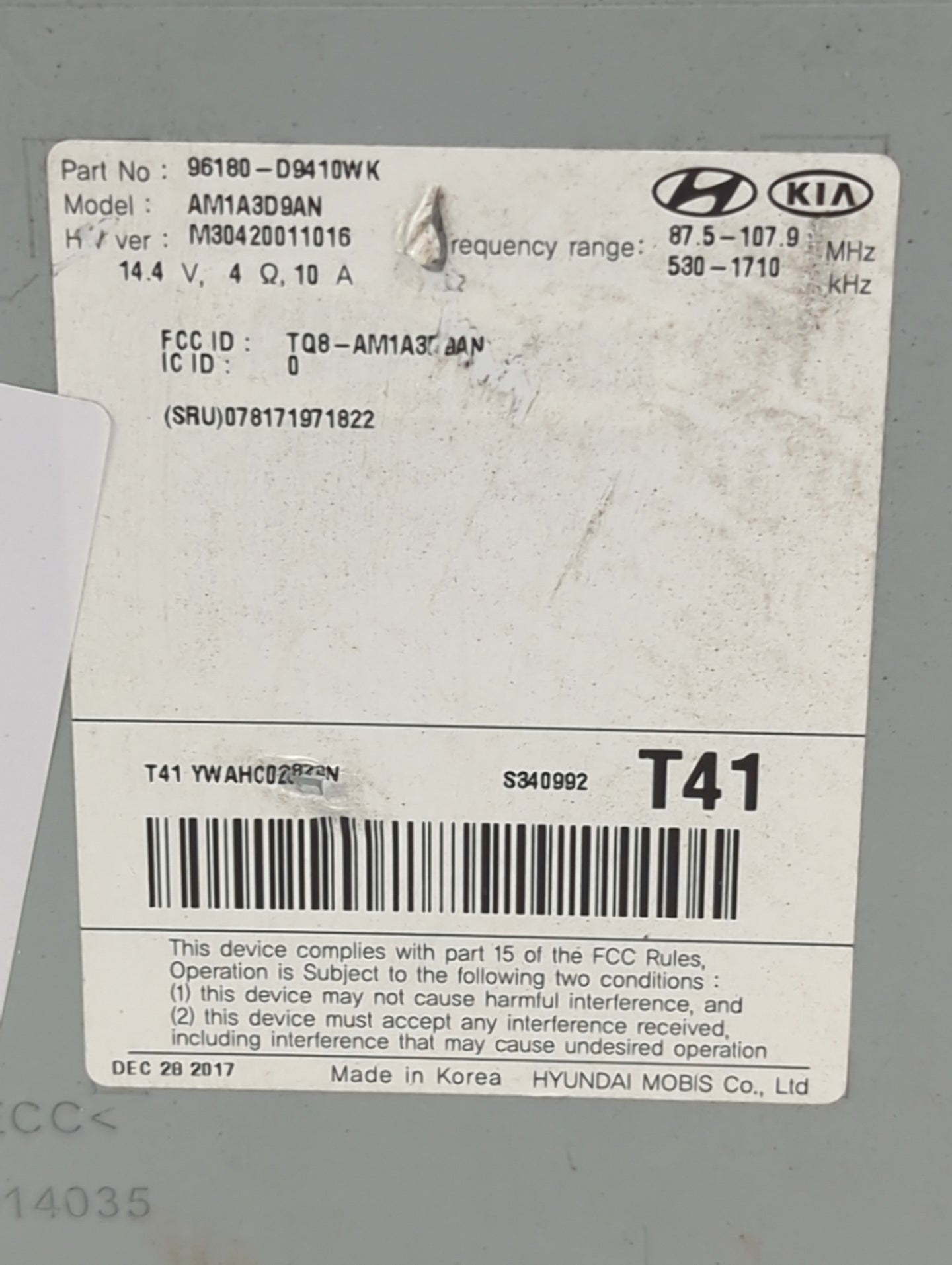 2017-2019 Kia Sportage Radio AM FM Cd Player Receiver Replacement P/N:96180-D9410WK AM1A3D9AN Fits Fits 2017 2018 2019 OEM U