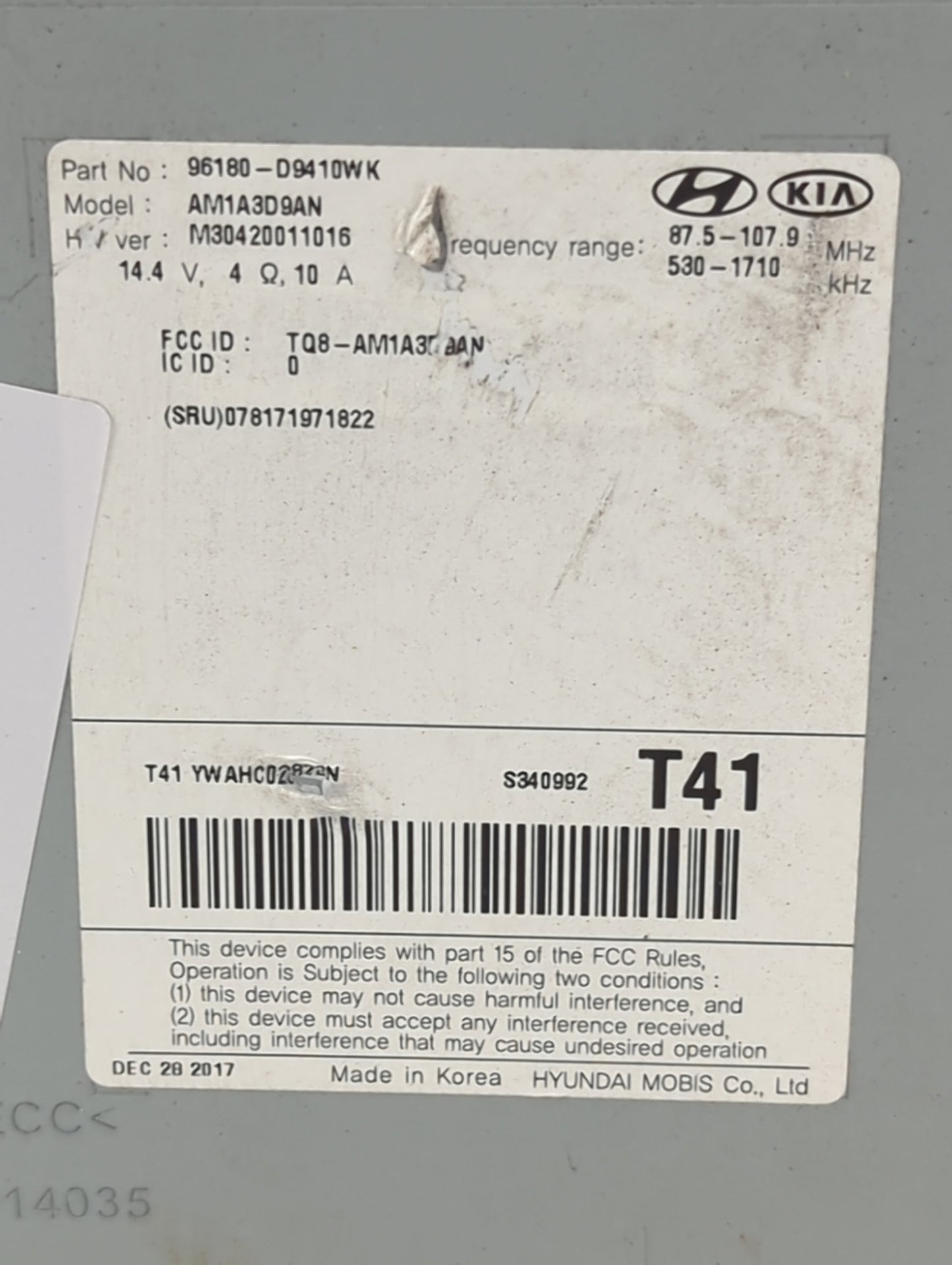 2017-2019 Kia Sportage Radio AM FM Cd Player Receiver Replacement P/N:96180-D9410WK AM1A3D9AN Fits Fits 2017 2018 2019 OEM U