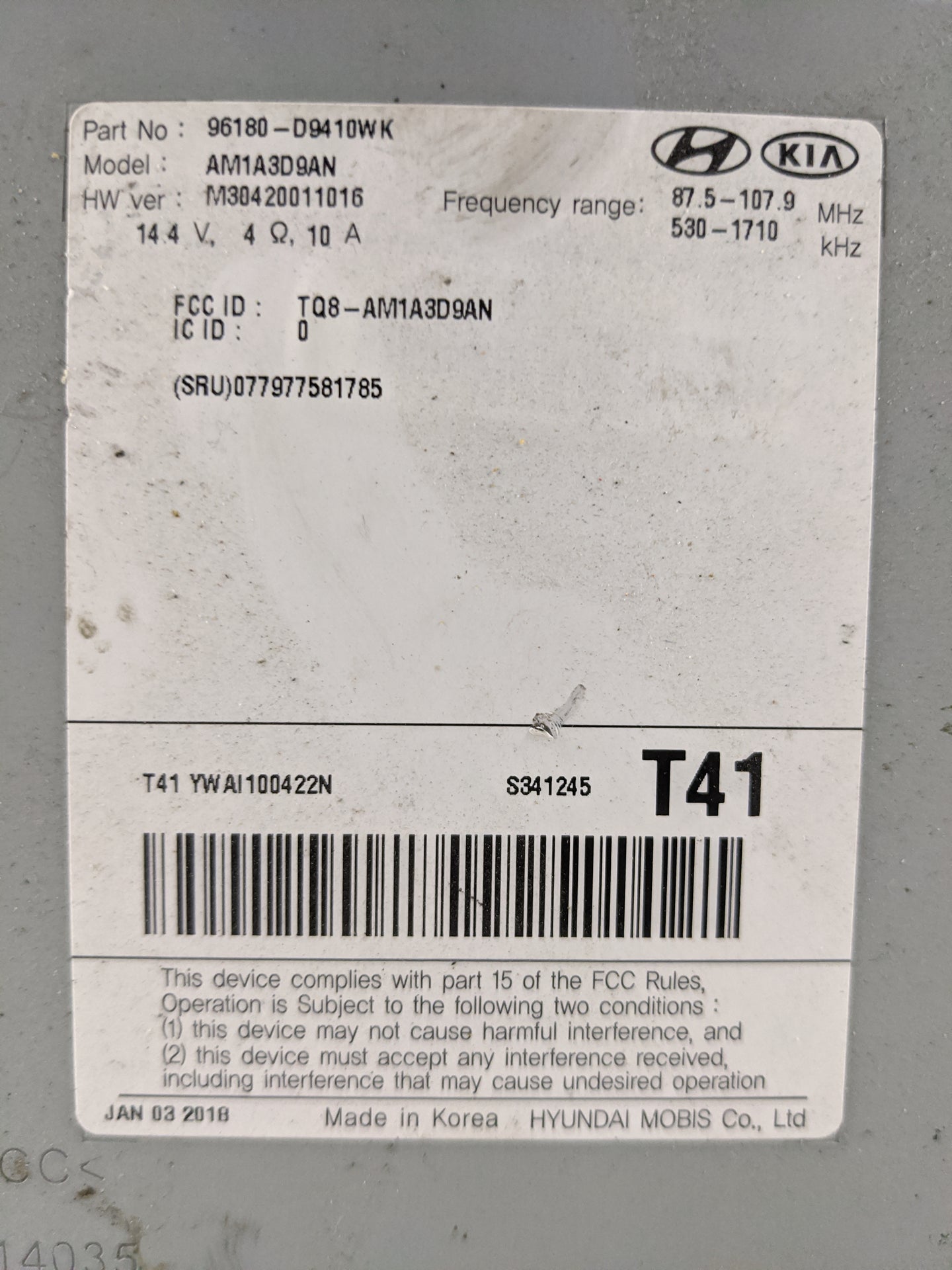 2017-2019 Kia Sportage Radio AM FM Cd Player Receiver Replacement P/N:96180-D9410WK AM1A3D9AN Fits Fits 2017 2018 2019 OEM U