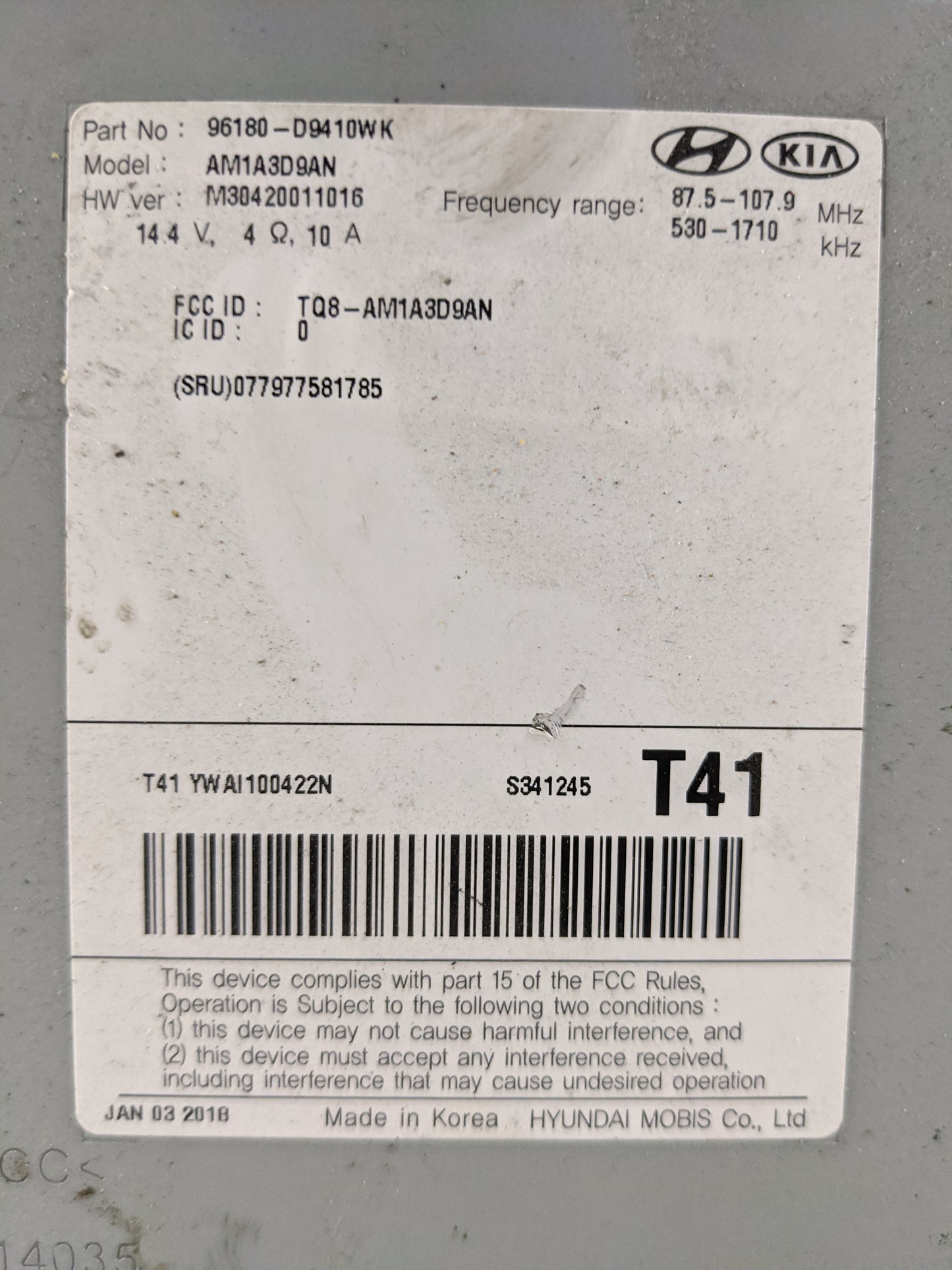 2017-2019 Kia Sportage Radio AM FM Cd Player Receiver Replacement P/N:96180-D9410WK AM1A3D9AN Fits Fits 2017 2018 2019 OEM U