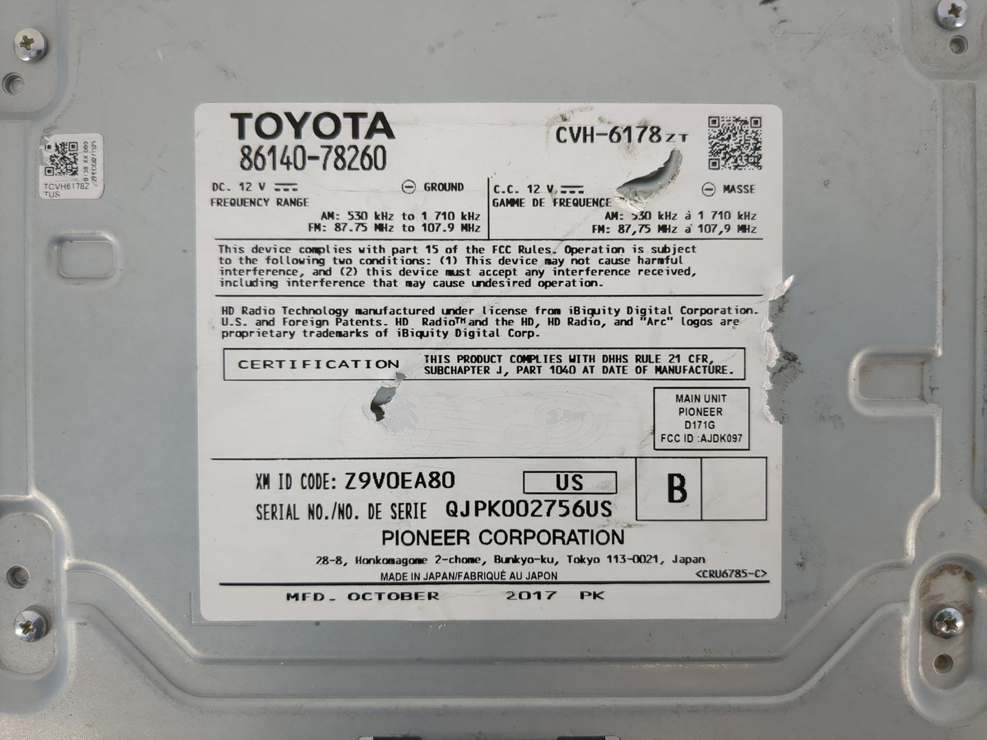 2018 Lexus Nx300 Radio AM FM Cd Player Receiver Replacement P/N:86140-78260 Fits OEM Used Auto Parts - Oemusedautoparts1.com