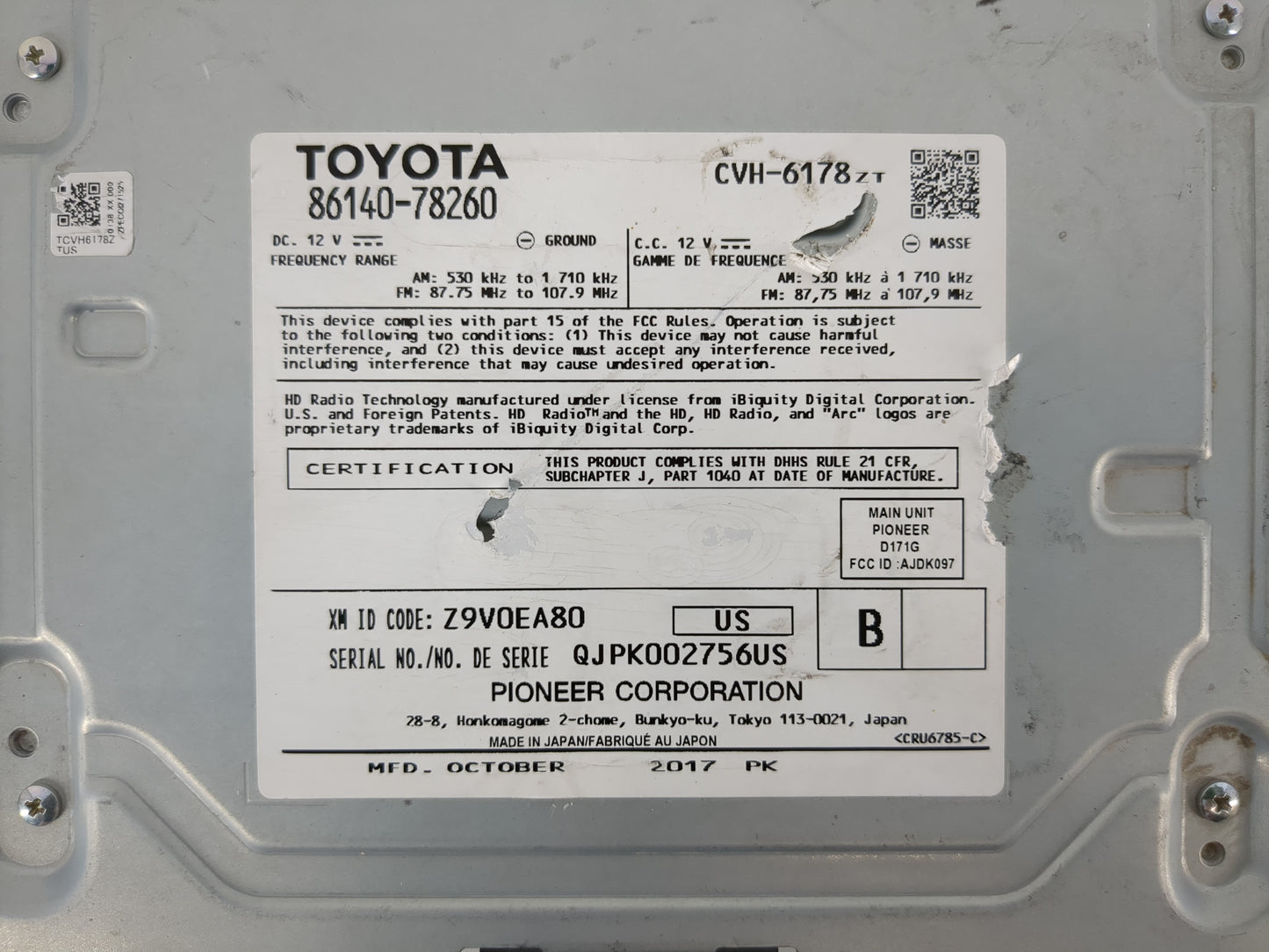 2018 Lexus Nx300 Radio AM FM Cd Player Receiver Replacement P/N:86140-78260 Fits OEM Used Auto Parts - Oemusedautoparts1.com