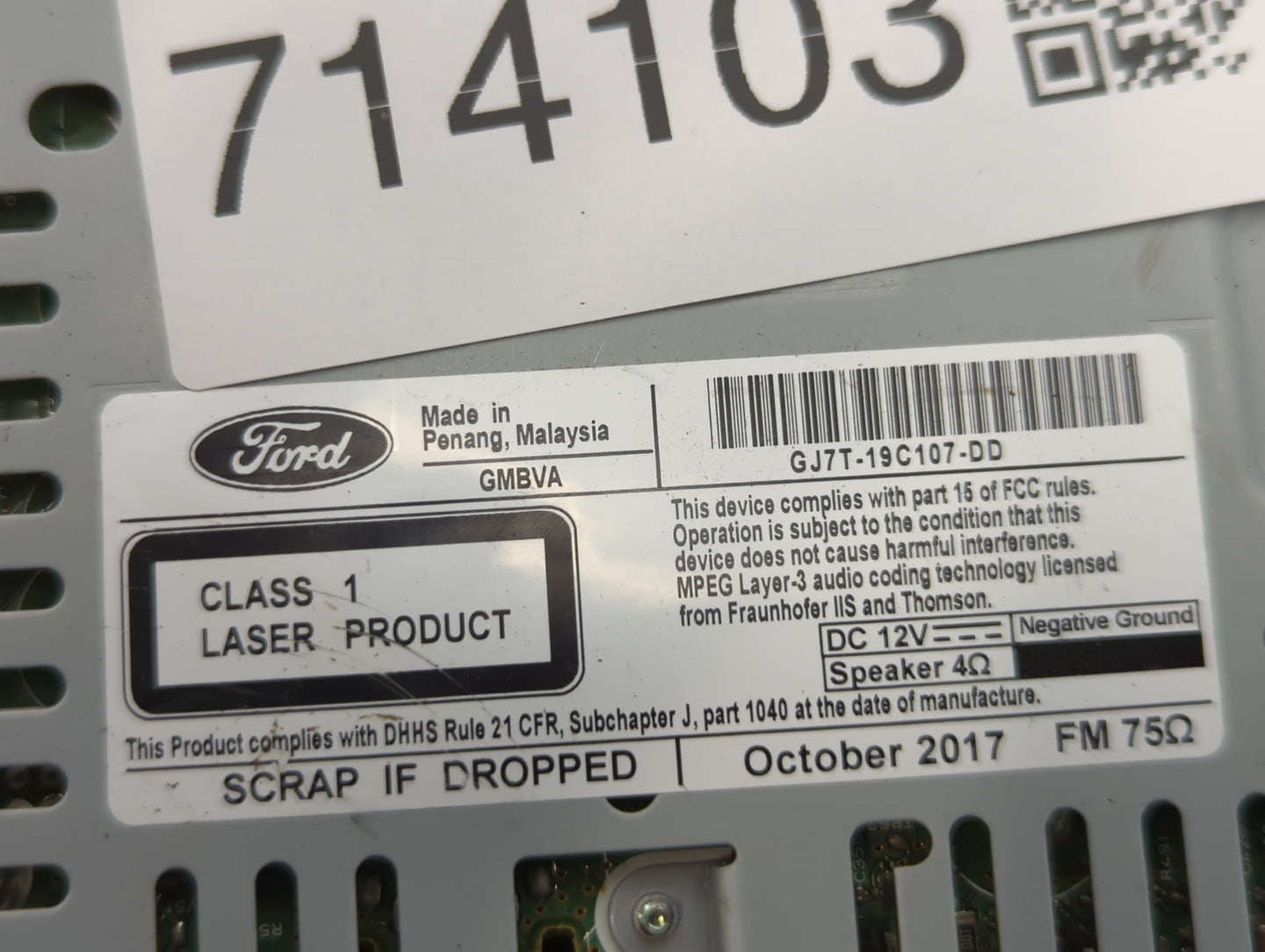 2017-2019 Lincoln Mkc Radio AM FM Cd Player Receiver Replacement P/N:GJ7T-19C107-DD Fits Fits 2017 2018 2019 OEM Used Auto P