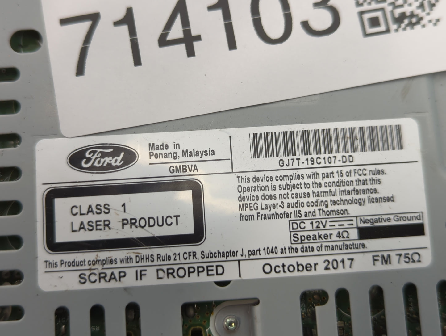 2017-2019 Lincoln Mkc Radio AM FM Cd Player Receiver Replacement P/N:GJ7T-19C107-DD Fits Fits 2017 2018 2019 OEM Used Auto P