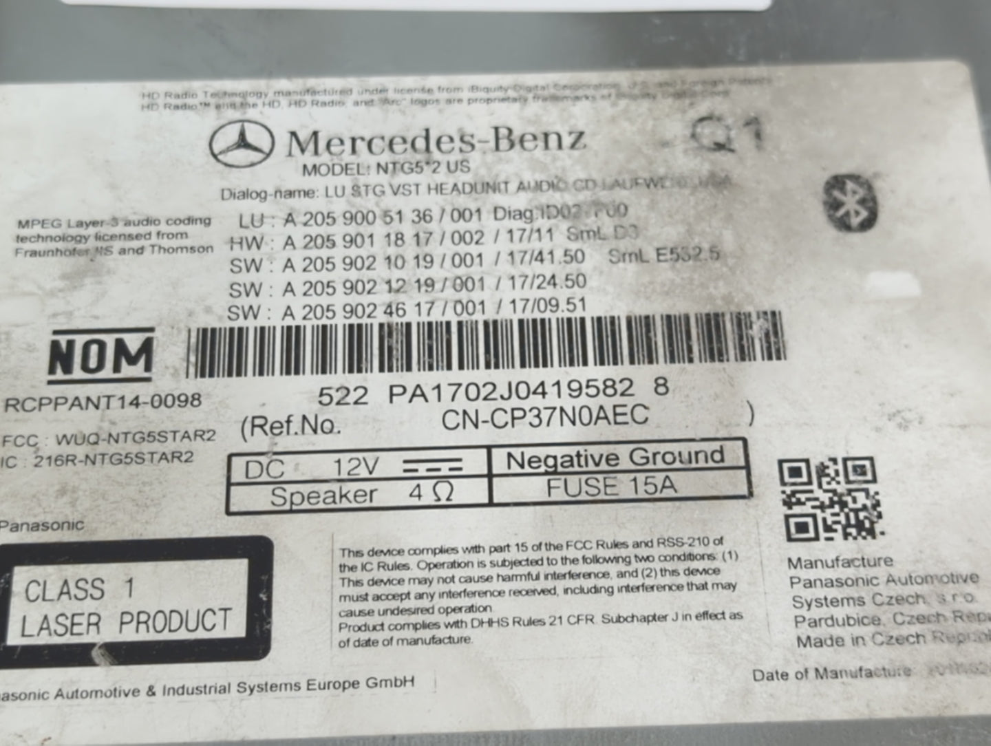 2018 Mercedes-Benz C-Class Radio AM FM Cd Player Receiver Replacement P/N:A2059005136 A2059011817, A2059021019 Fits Fits 201