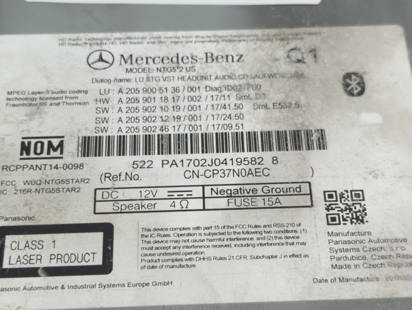 2018 Mercedes-Benz C-Class Radio AM FM Cd Player Receiver Replacement P/N:A2059005136 A2059011817, A2059021019 Fits Fits 201