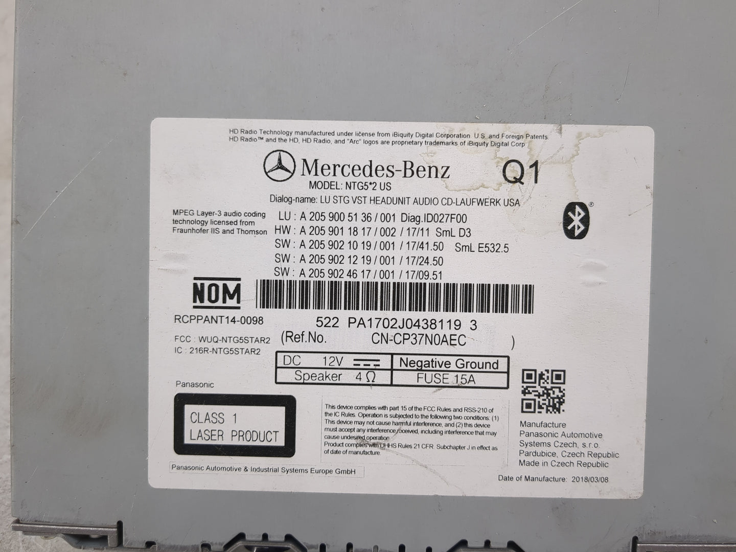 2018 Mercedes-Benz C-Class Radio AM FM Cd Player Receiver Replacement P/N:A2059005136 A2059011817, A2059021019 Fits Fits 201