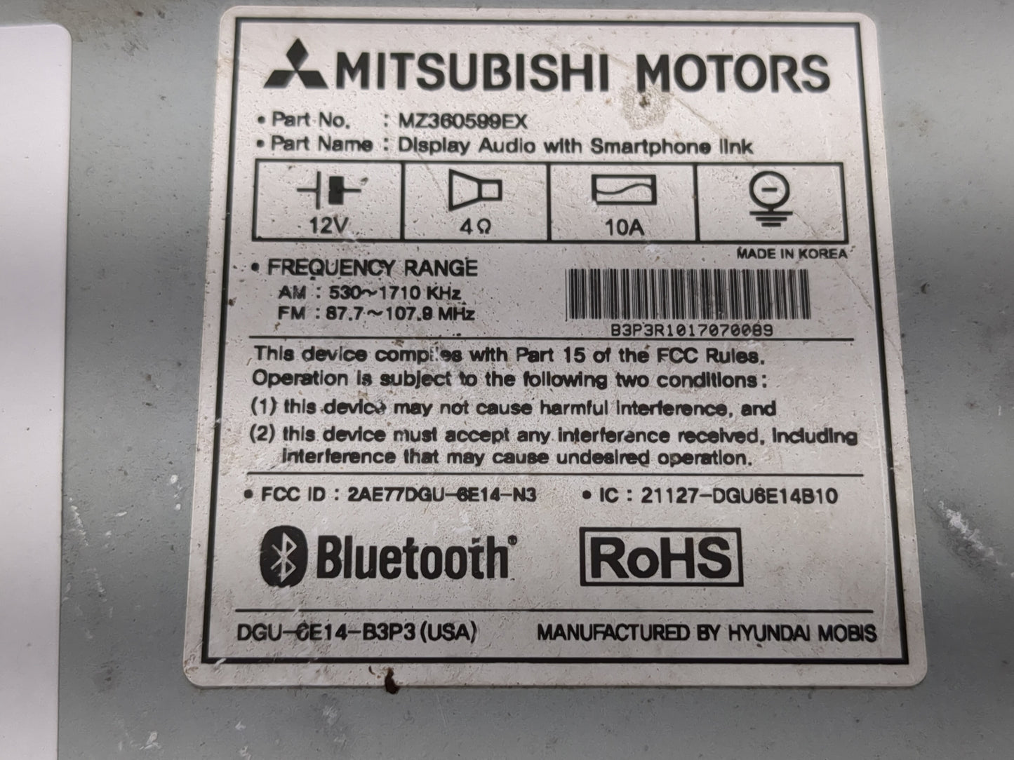 2018 Mitsubishi Outlander Radio AM FM Cd Player Receiver Replacement P/N:87104411 Fits OEM Used Auto Parts - Oemusedautopart