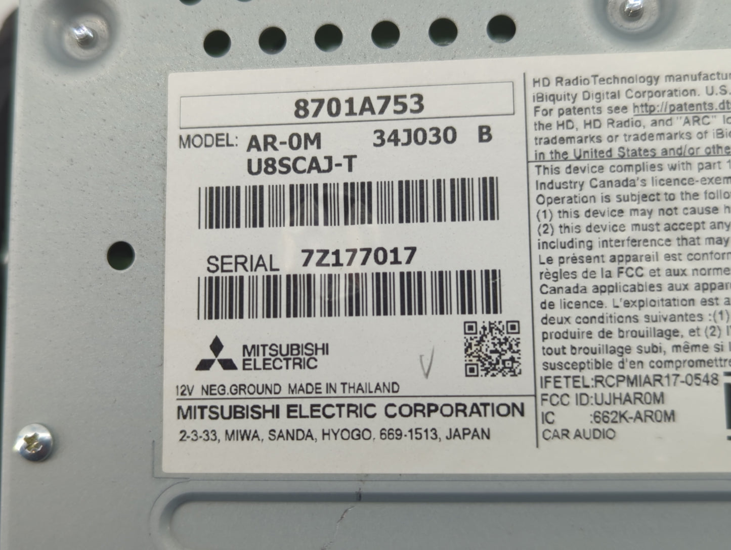 2018 Mitsubishi Outlander Radio AM FM Cd Player Receiver Replacement P/N:8701A753 AR-0M, 34J030, U8SCAJ-T, UJHAR0M, 662K-AR0
