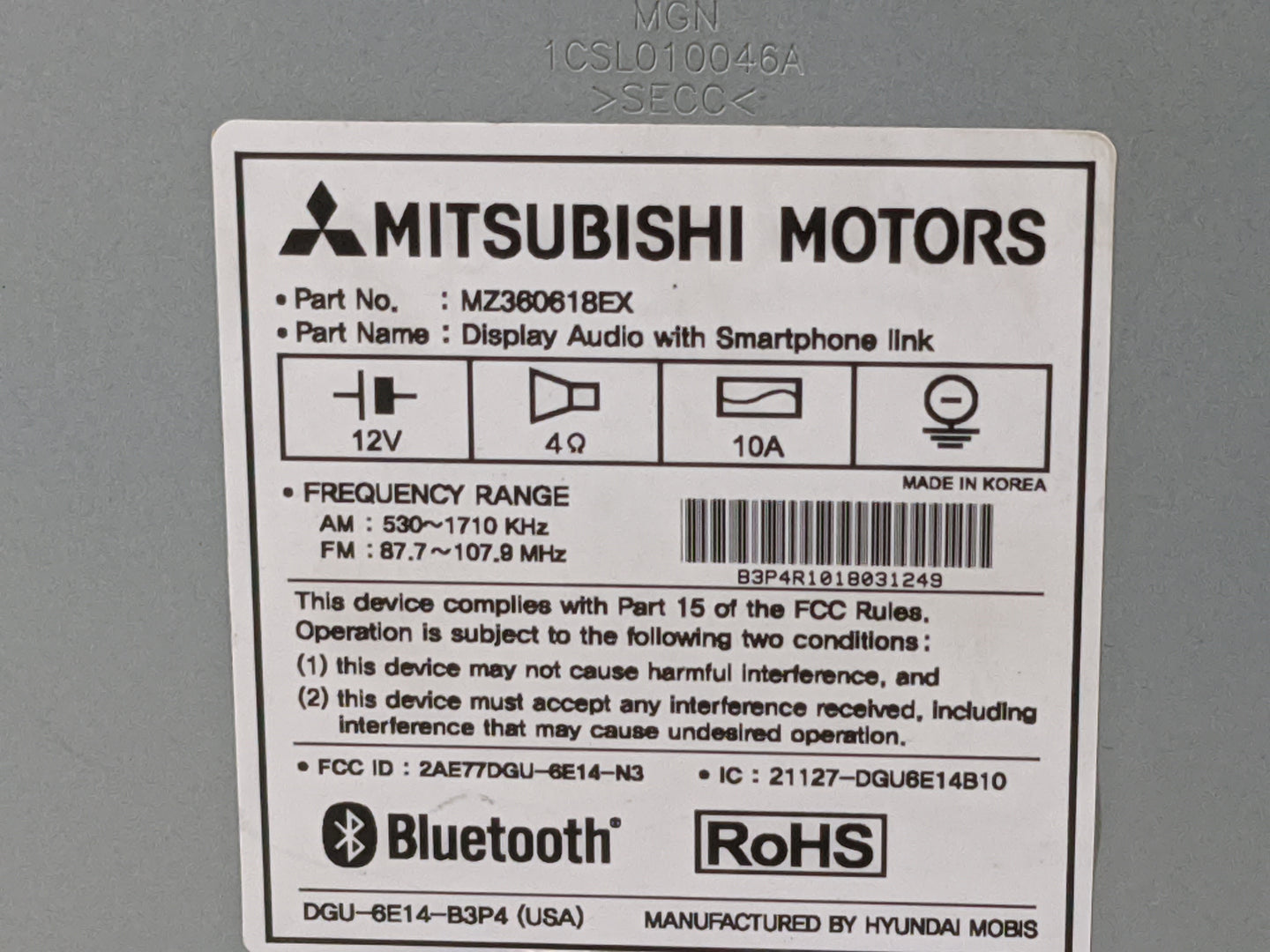 2018 Mitsubishi Outlander Sport Radio AM FM Cd Player Receiver Replacement P/N:MZ360618EX 2AE77DGU-6E14-N3, 21127-DGU6E14B10